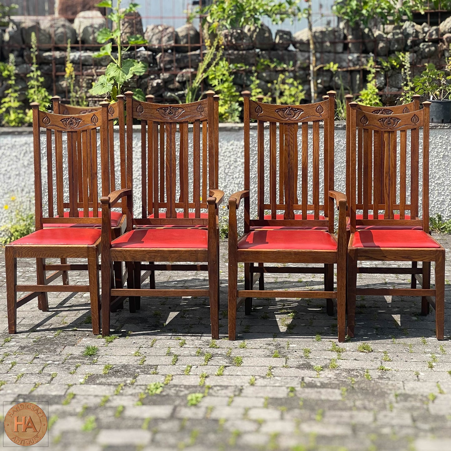 Set of 8 Arts & Crafts Scottish School English Oak Chairs c. 1910.