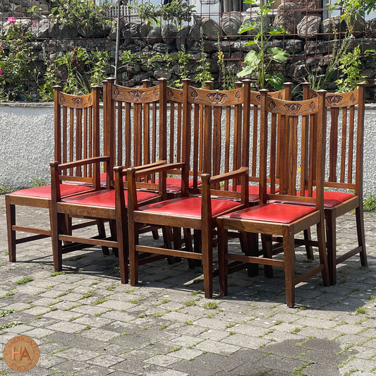Set of 8 Arts & Crafts Scottish School English Oak Chairs c. 1910.