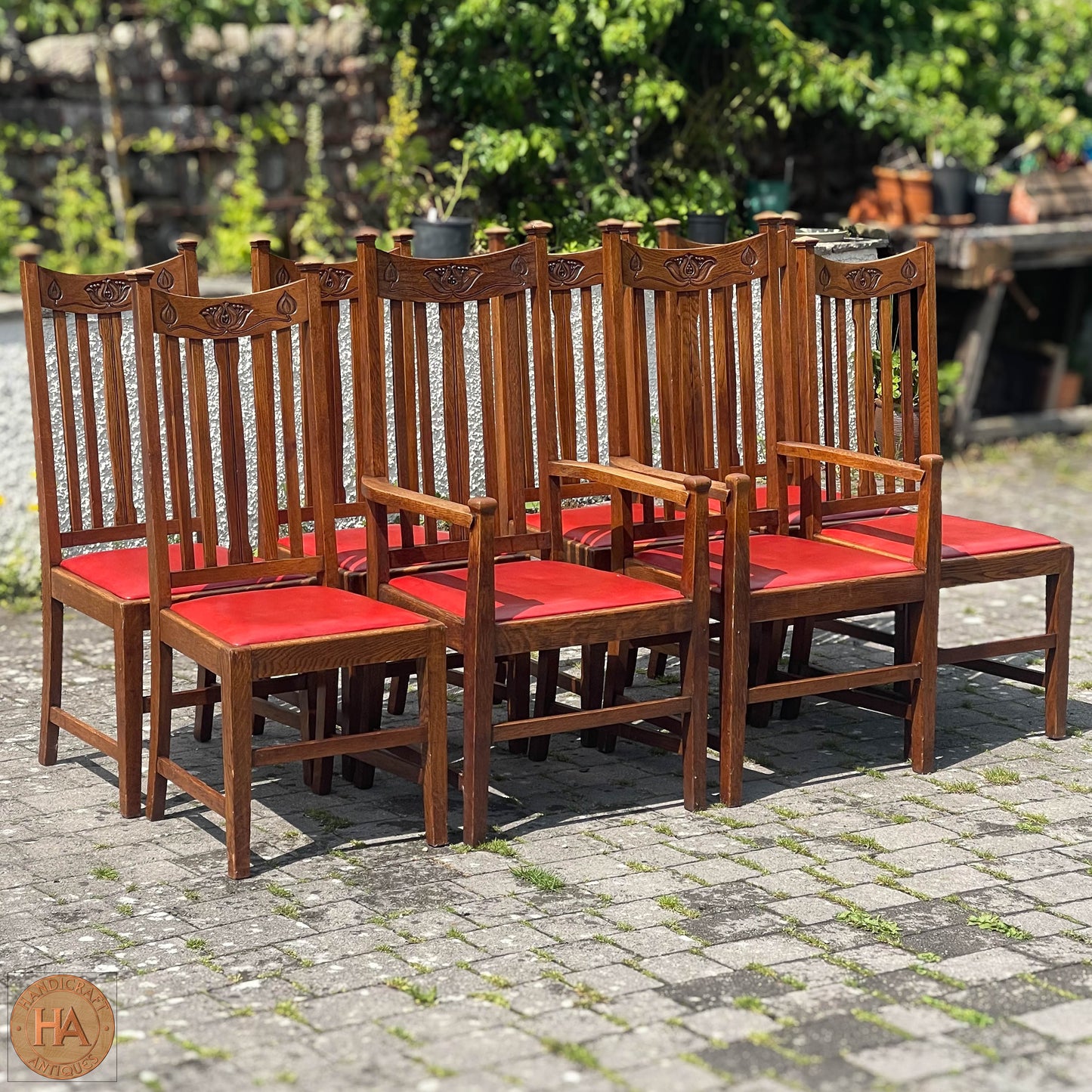 Set of 8 Arts & Crafts Scottish School English Oak Chairs c. 1910.