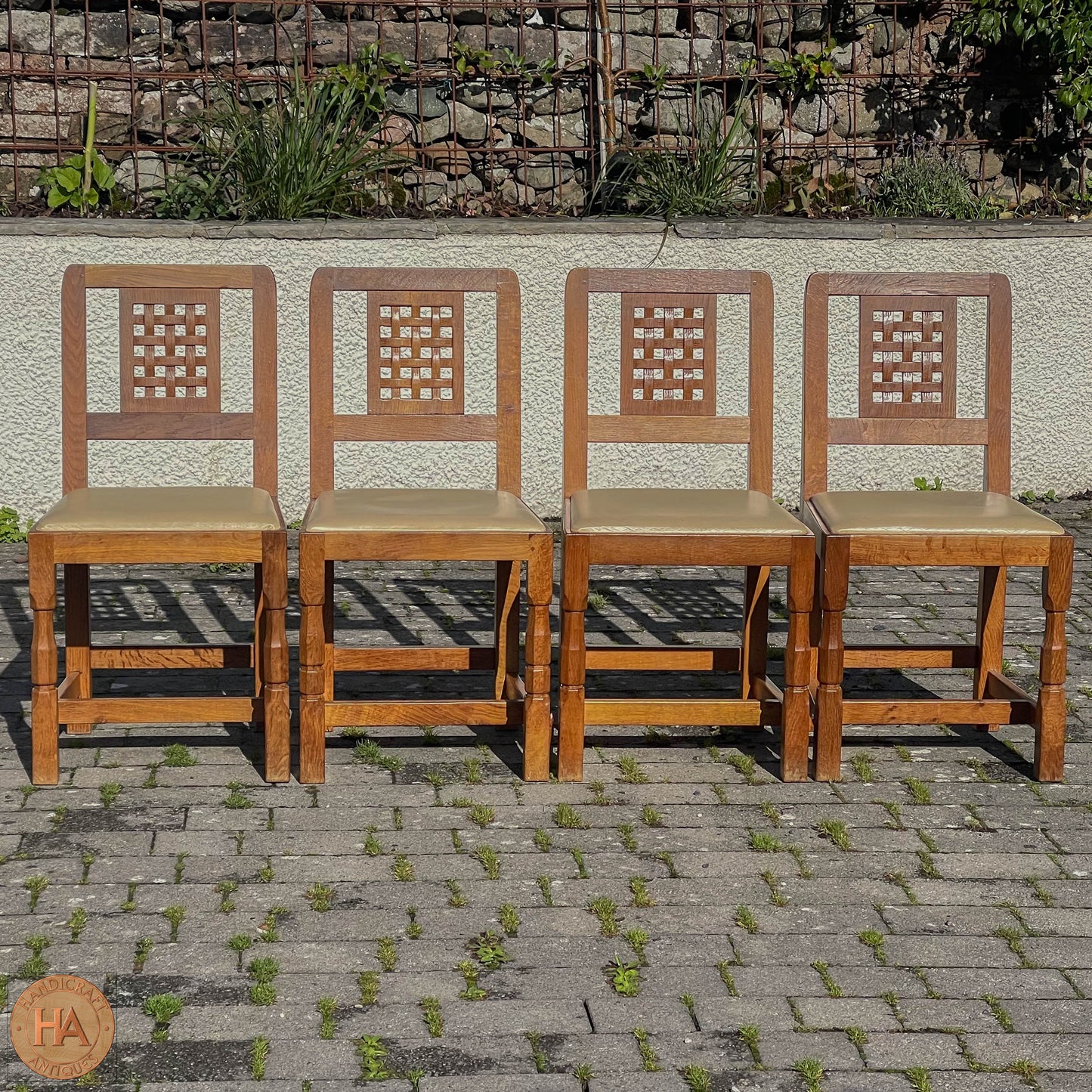 Set of 4 Derek ‘Lizardman’ Slater Arts & Crafts Yorkshire School Lattice Back English Oak Chairs