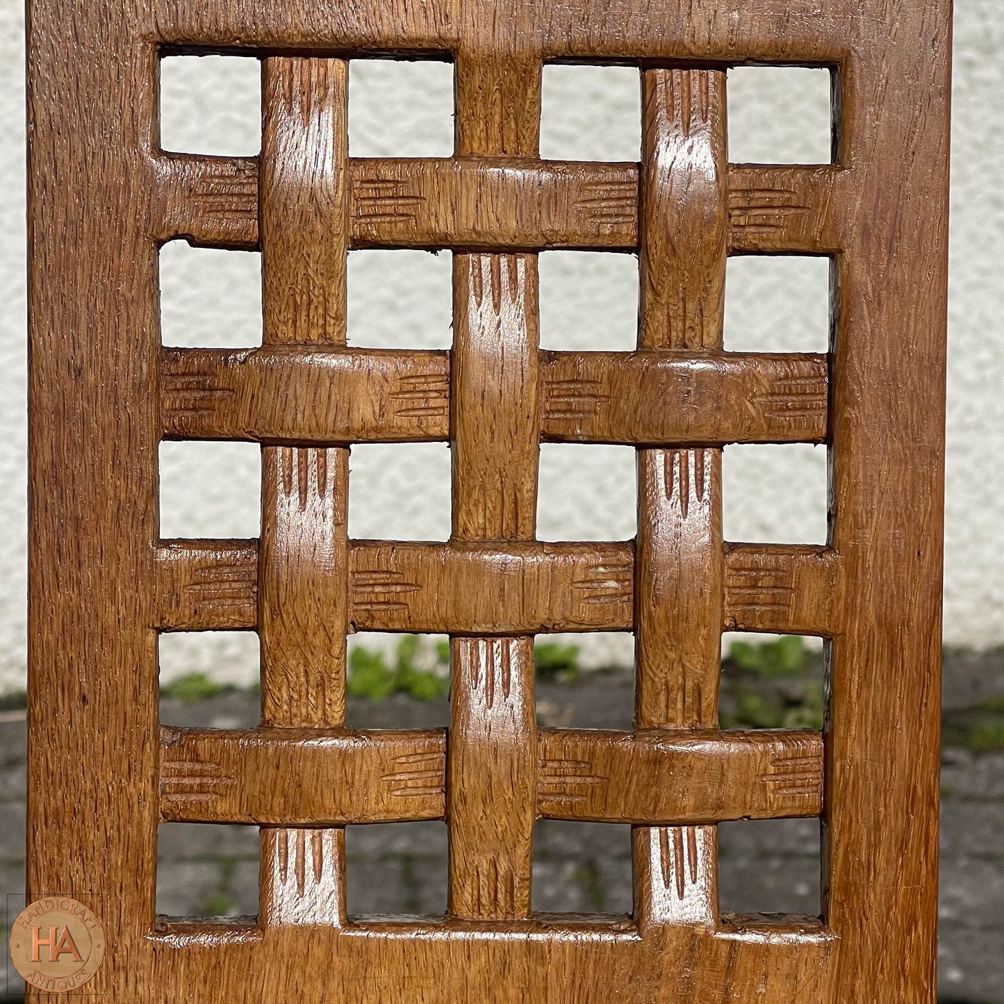 Set of 4 Derek ‘Lizardman’ Slater Arts & Crafts Yorkshire School Lattice Back English Oak Chairs