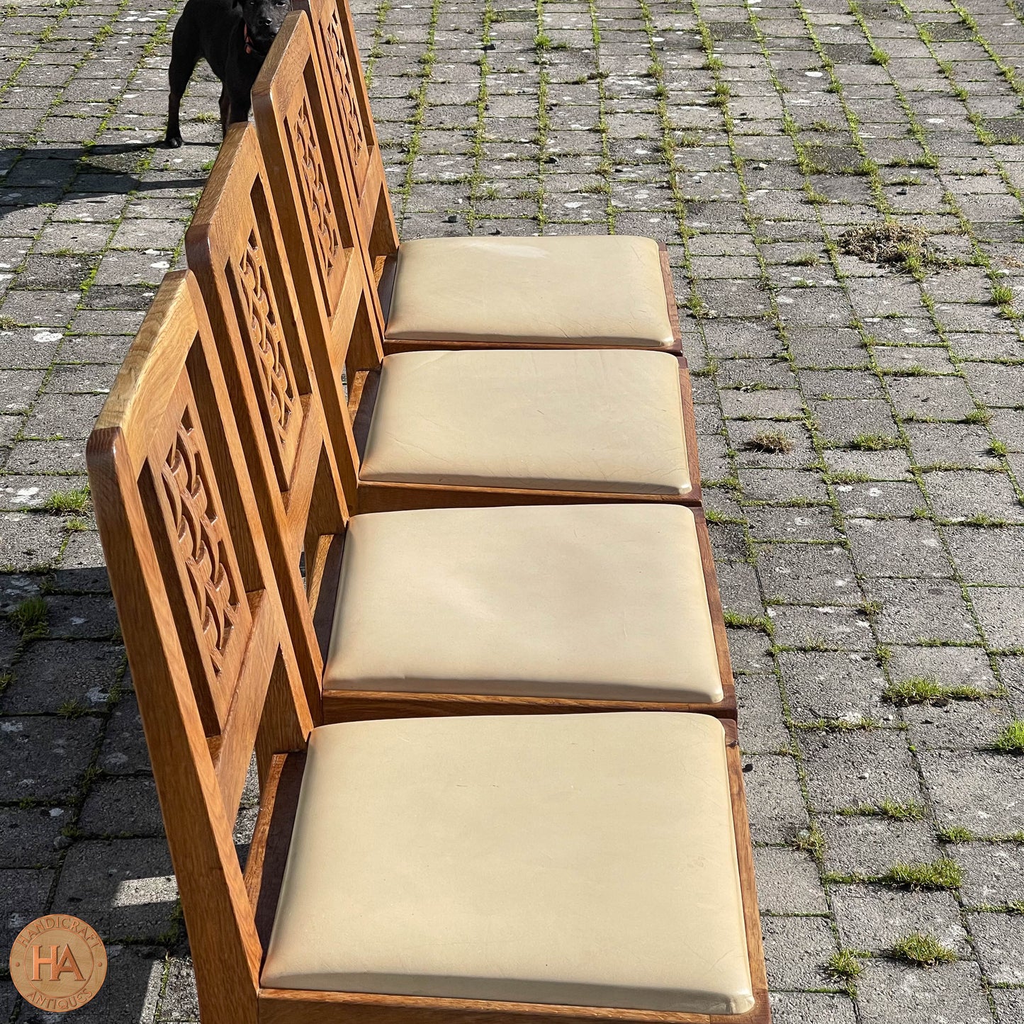 Set of 4 Derek ‘Lizardman’ Slater Arts & Crafts Yorkshire School Lattice Back English Oak Chairs