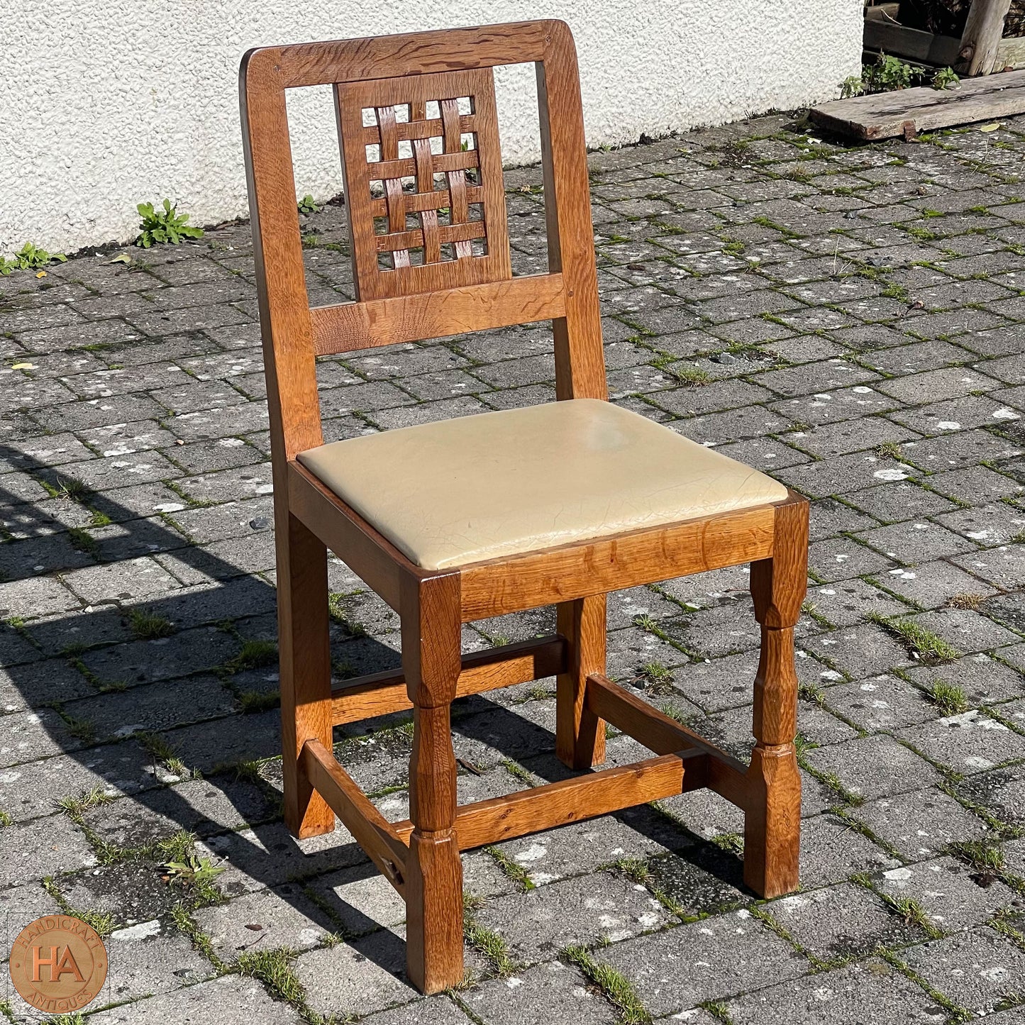 Set of 4 Derek ‘Lizardman’ Slater Arts & Crafts Yorkshire School Lattice Back English Oak Chairs
