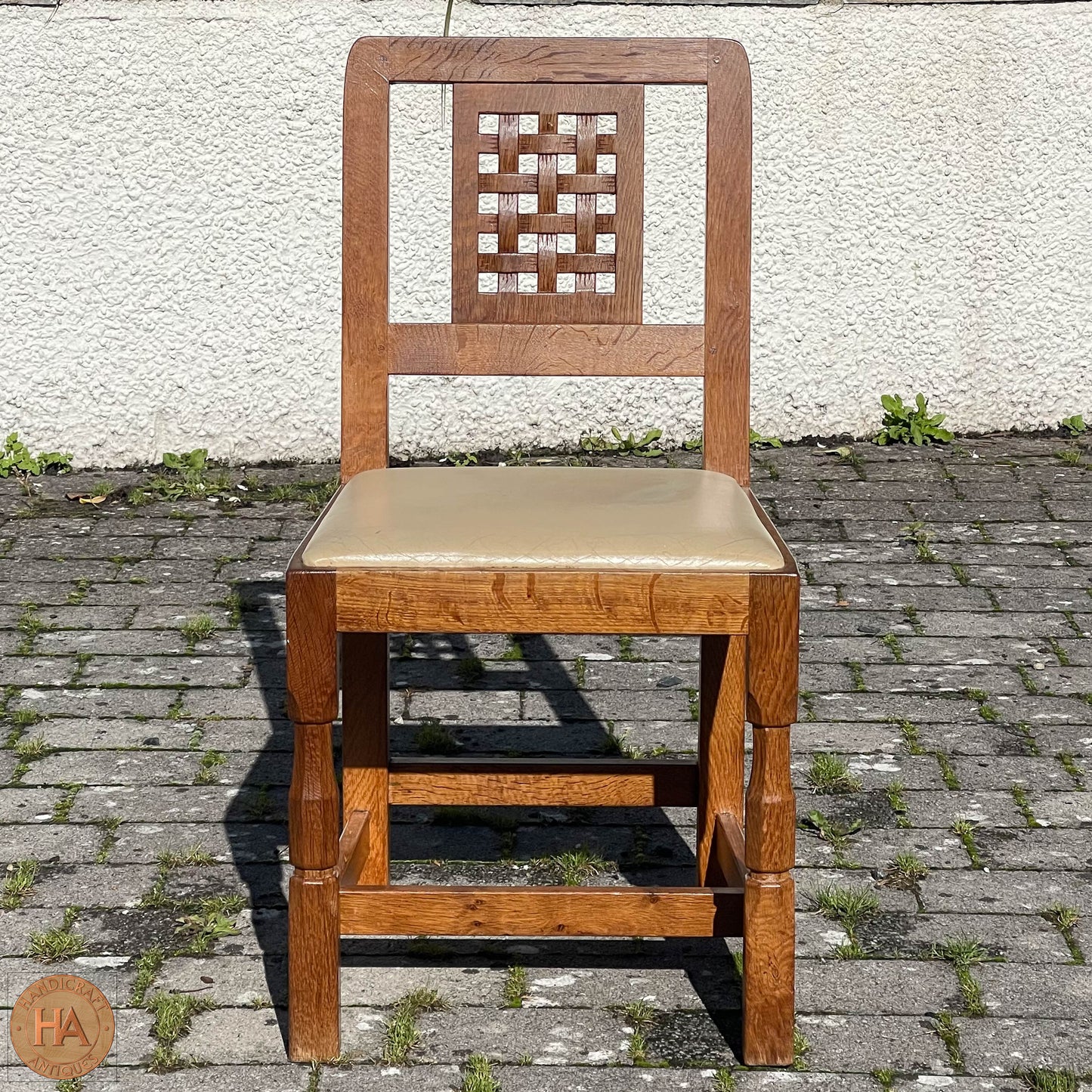 Set of 4 Derek ‘Lizardman’ Slater Arts & Crafts Yorkshire School Lattice Back English Oak Chairs