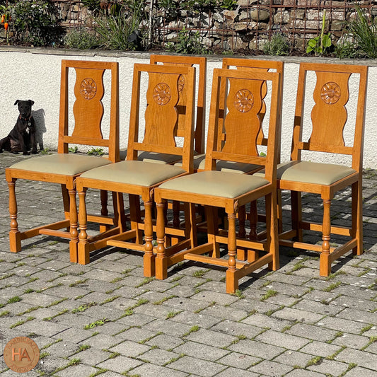 Set of 6 'Unicornman' Arts & Crafts Yorkshire School English Oak Chairs