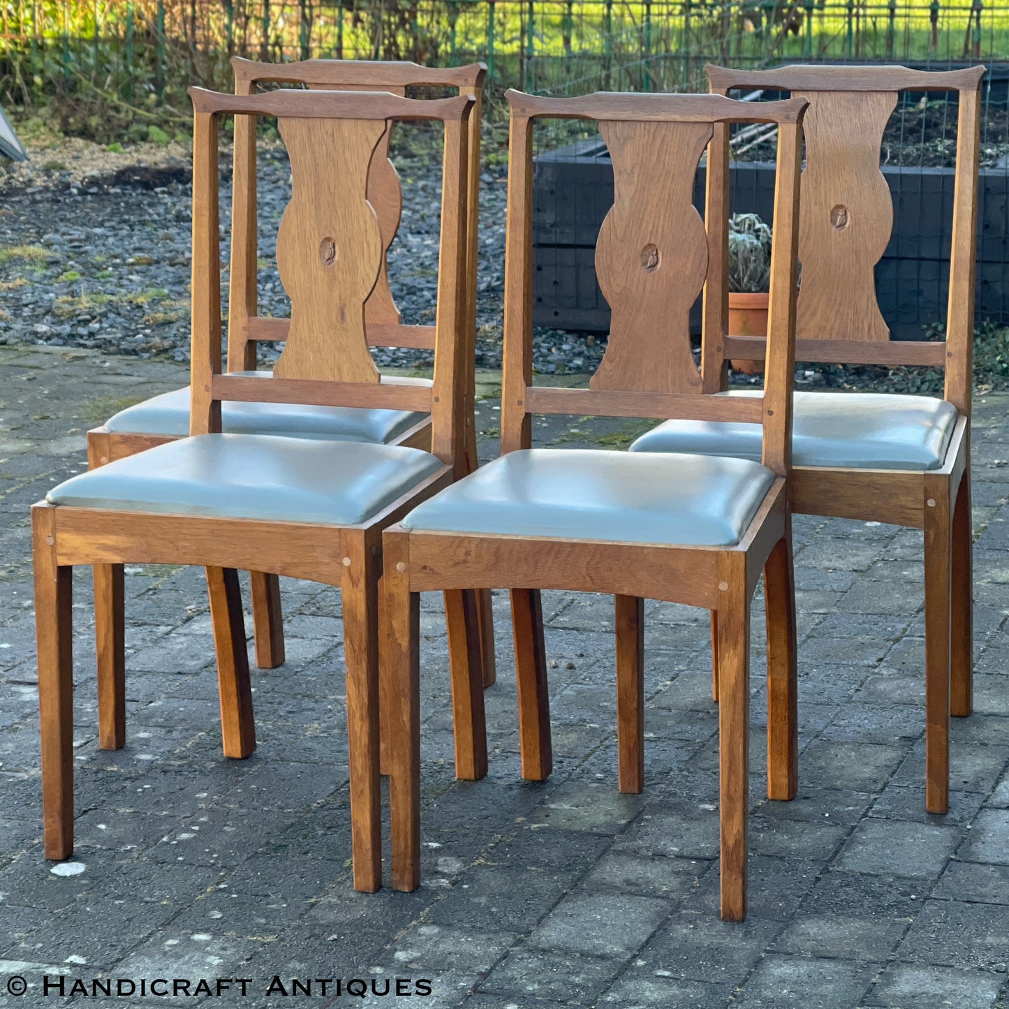 Set of 4 Albert Harrison Arts & Crafts Yorkshire School English Oak Chairs.
