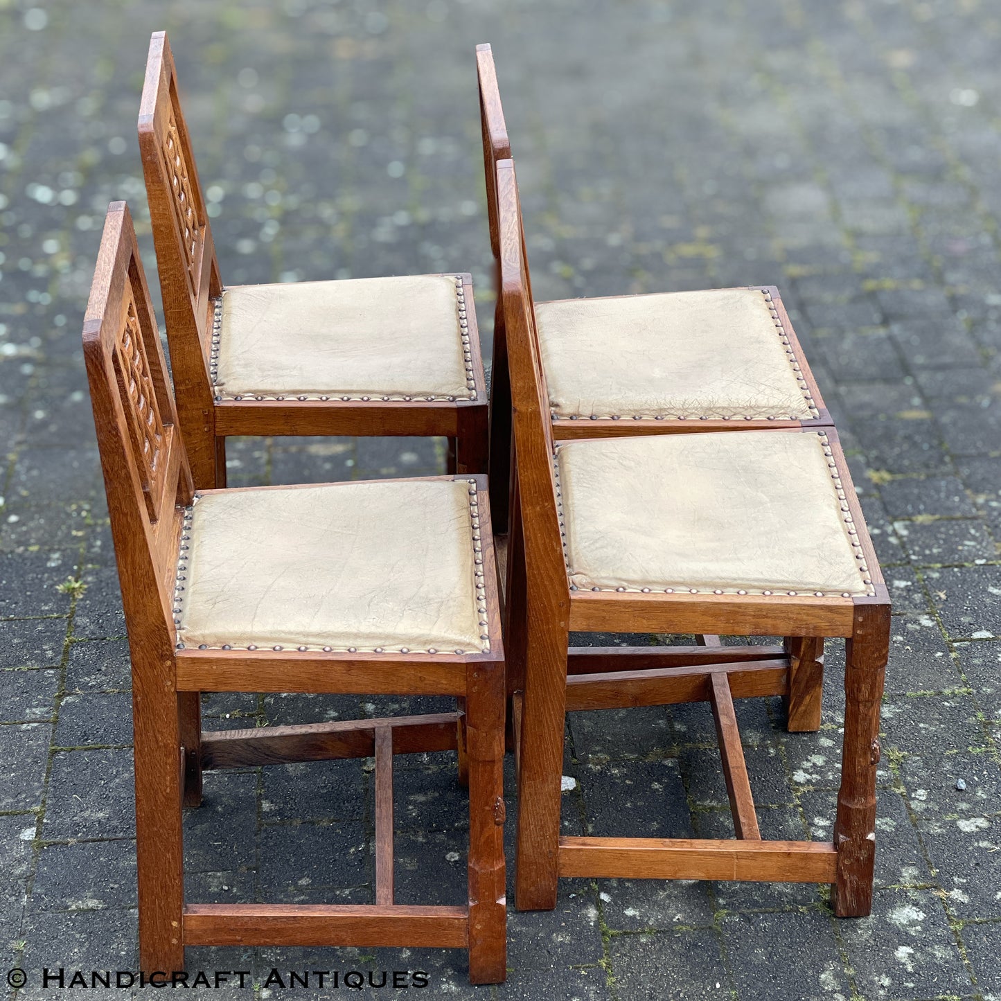 Set of 4 Peter ‘Rabbitman’ Heap Arts & Crafts Yorkshire School English Oak Chairs
