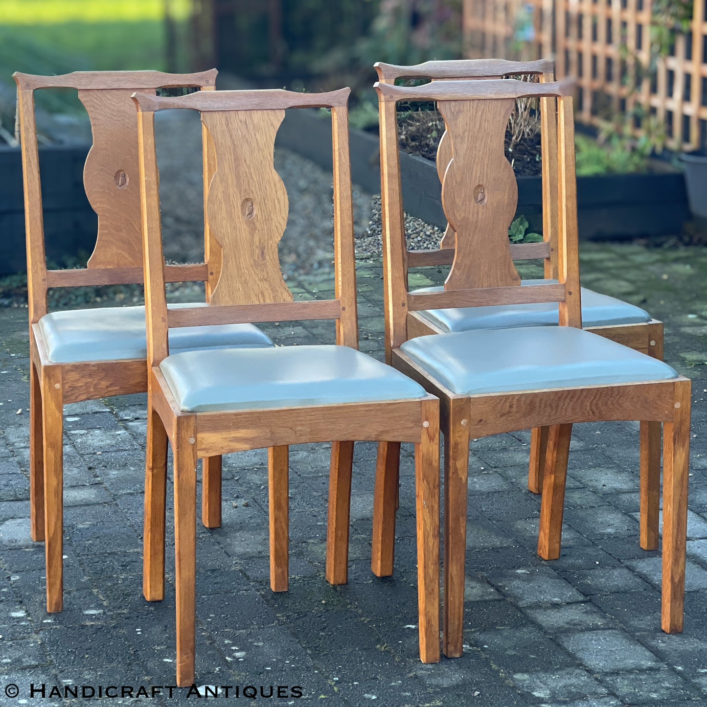 Set of 4 Albert Harrison Arts & Crafts Yorkshire School English Oak Chairs.