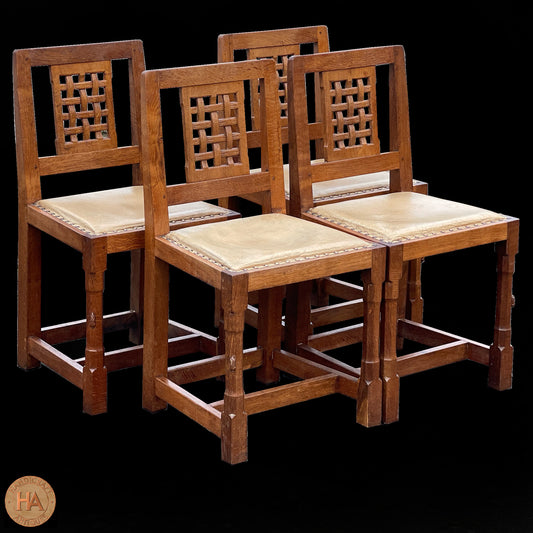 Set of 4 Peter ‘Rabbitman’ Heap Arts & Crafts Yorkshire School English Oak Chairs