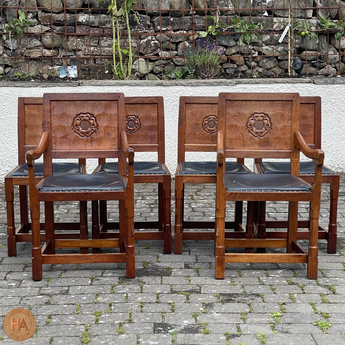 Set of 6 Peter Rabbitman Heap Arts & Crafts Yorkshire School English Oak Chairs