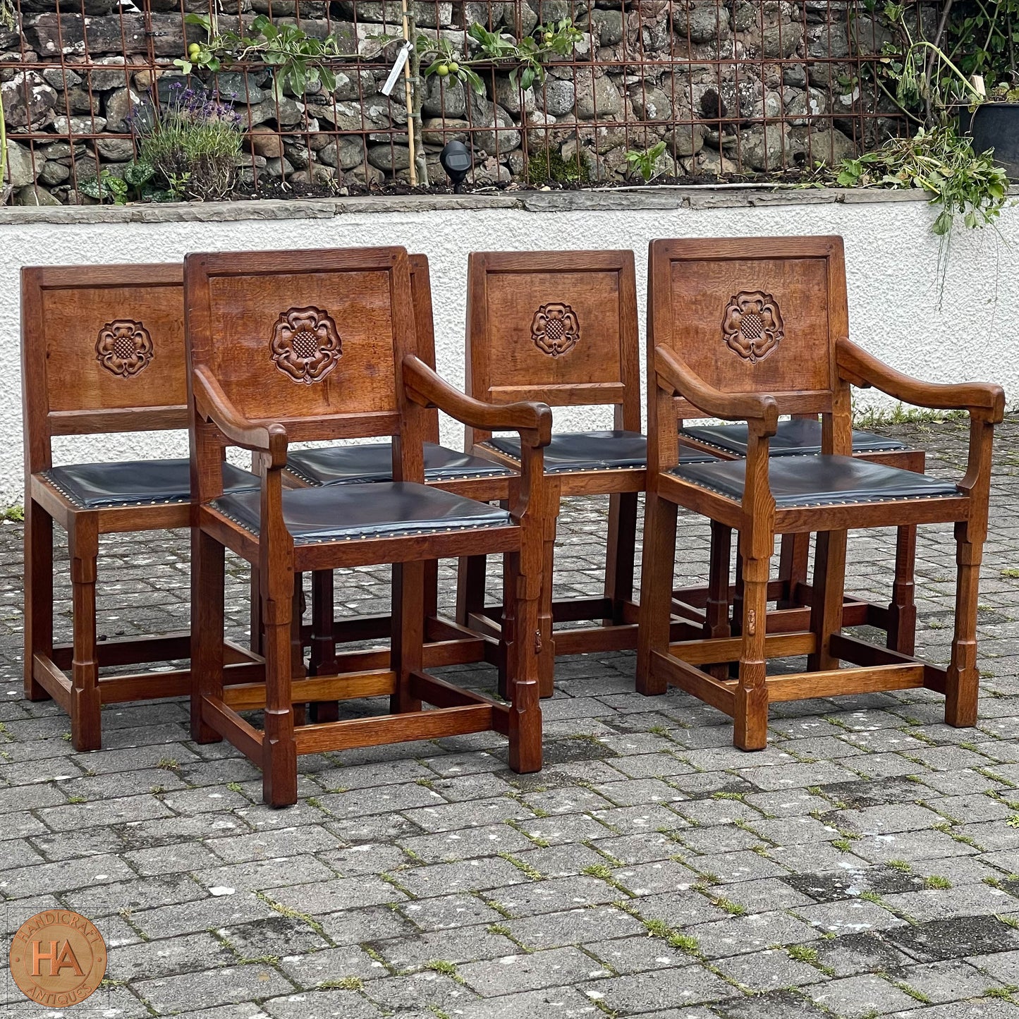 Set of 6 Peter Rabbitman Heap Arts & Crafts Yorkshire School English Oak Chairs