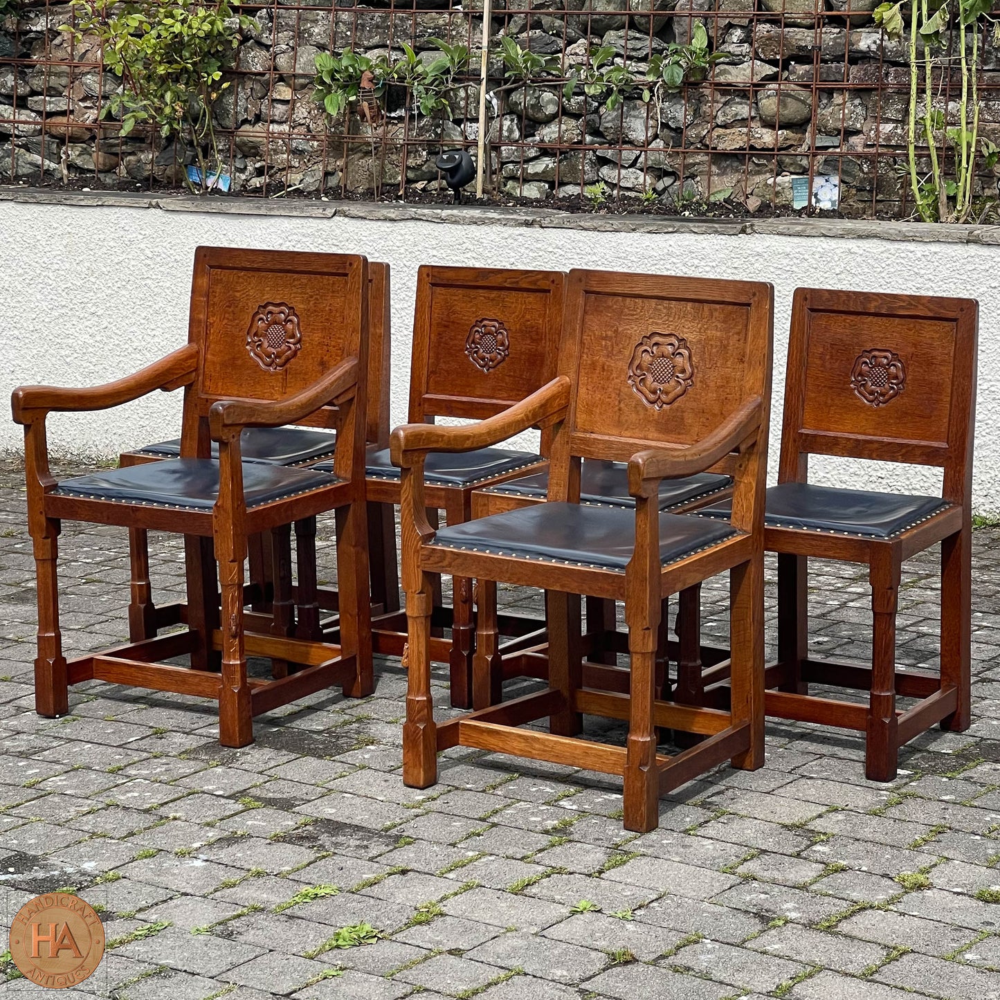 Set of 6 Peter Rabbitman Heap Arts & Crafts Yorkshire School English Oak Chairs