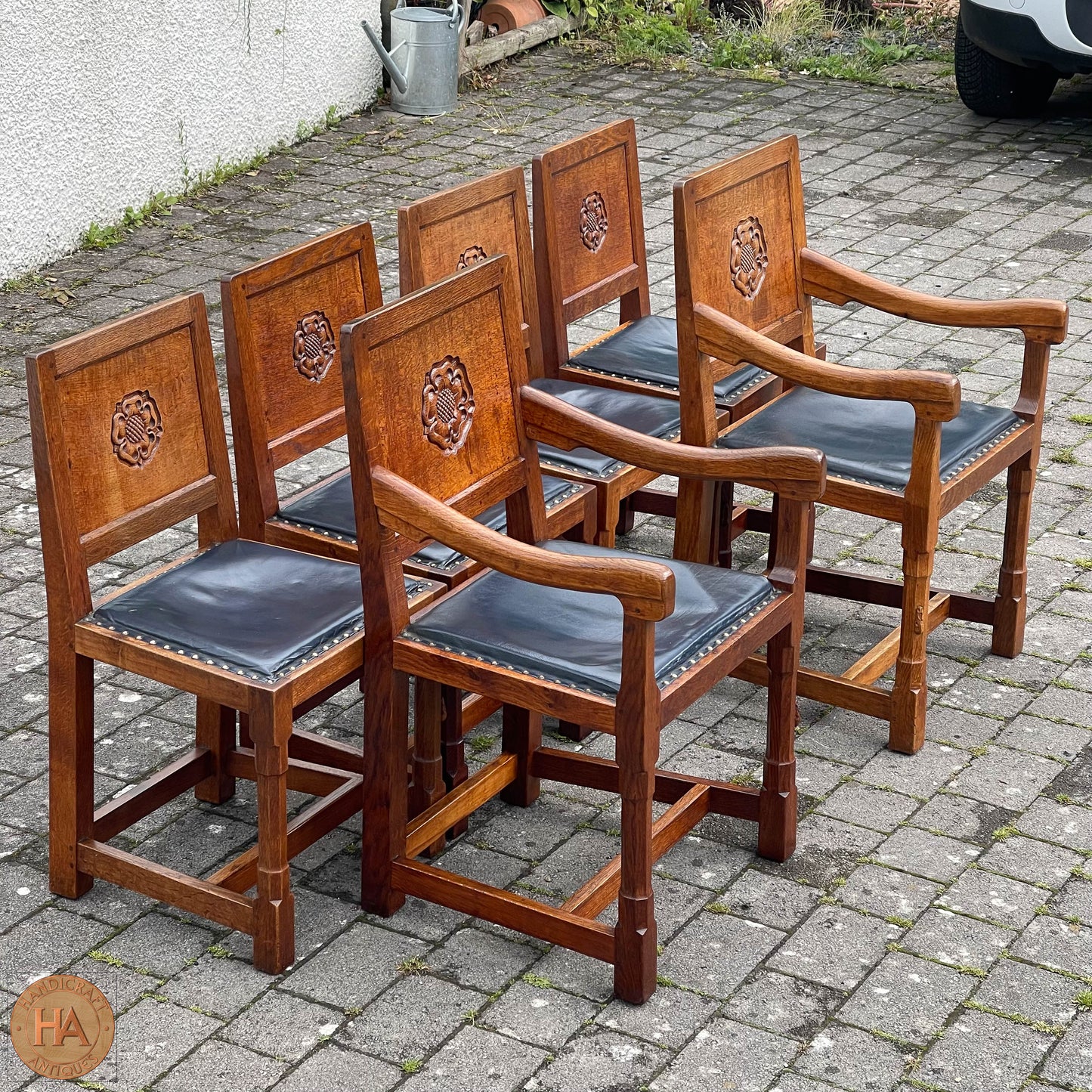 Set of 6 Peter Rabbitman Heap Arts & Crafts Yorkshire School English Oak Chairs