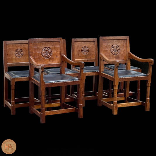 Set of 6 Peter Rabbitman Heap Arts & Crafts Yorkshire School English Oak Chairs