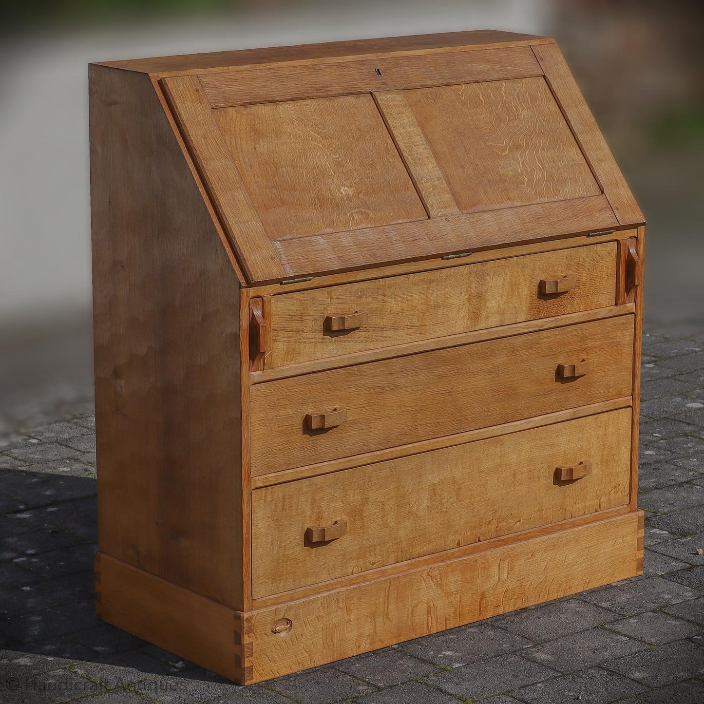 Derek 'Lizardman' Slater Arts & Crafts Yorkshire School English Oak Bureau c. 1970.