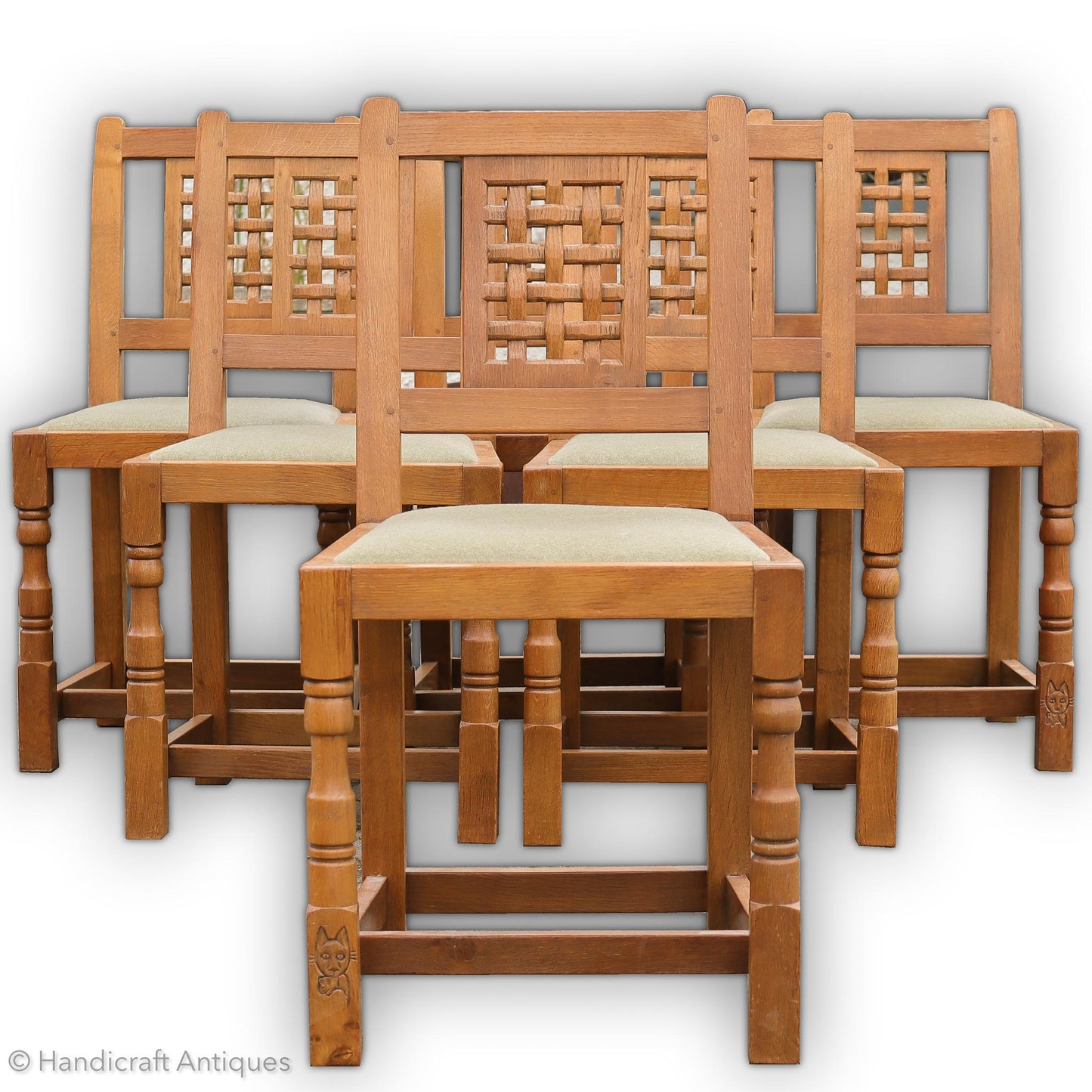 Set of 6 Cat & Mouseman Arts & Crafts Yorkshire School Oak Chairs
