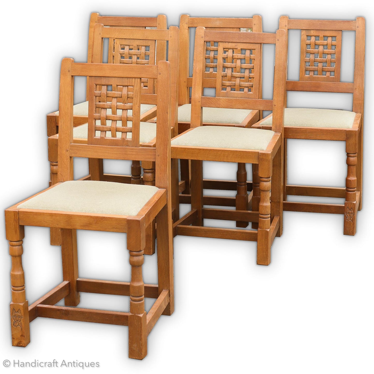Set of 6 Cat & Mouseman Arts & Crafts Yorkshire School Oak Chairs
