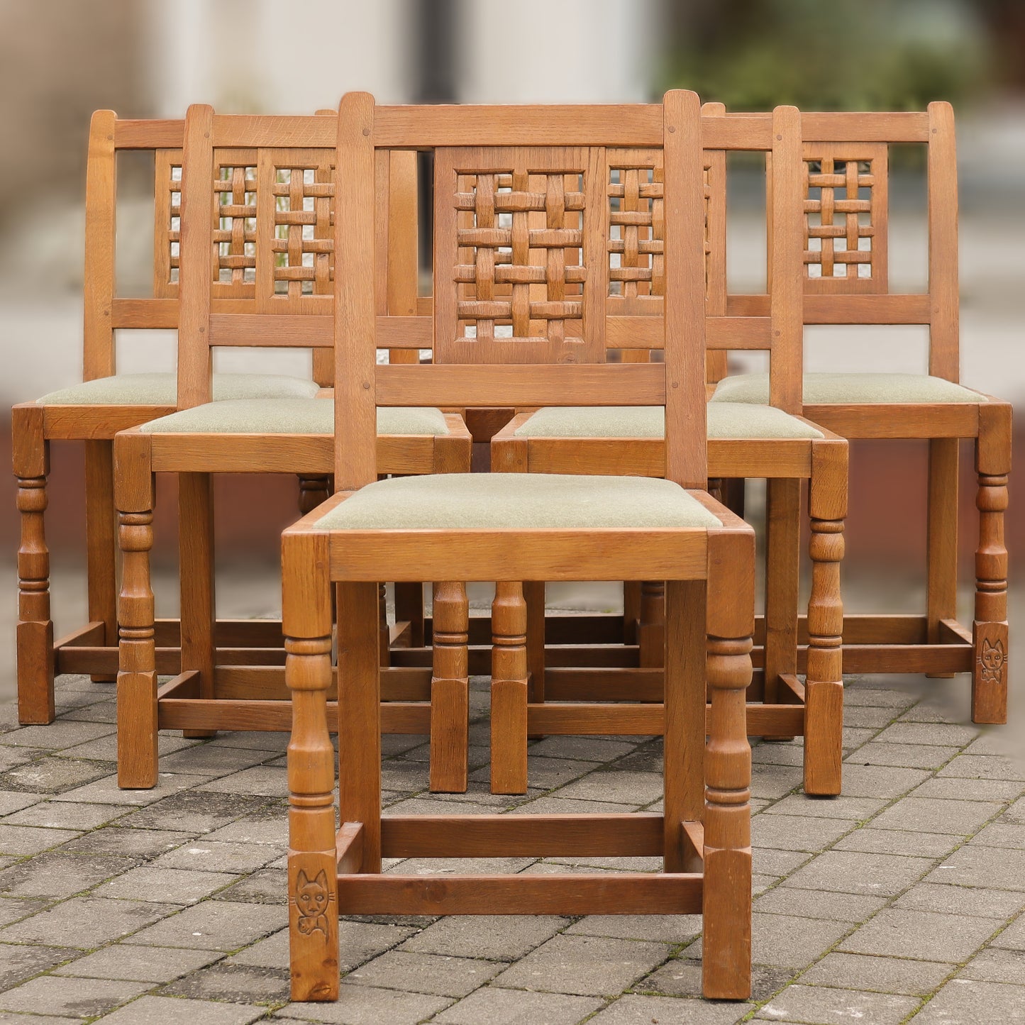 Set of 6 Cat & Mouseman Arts & Crafts Yorkshire School Oak Chairs