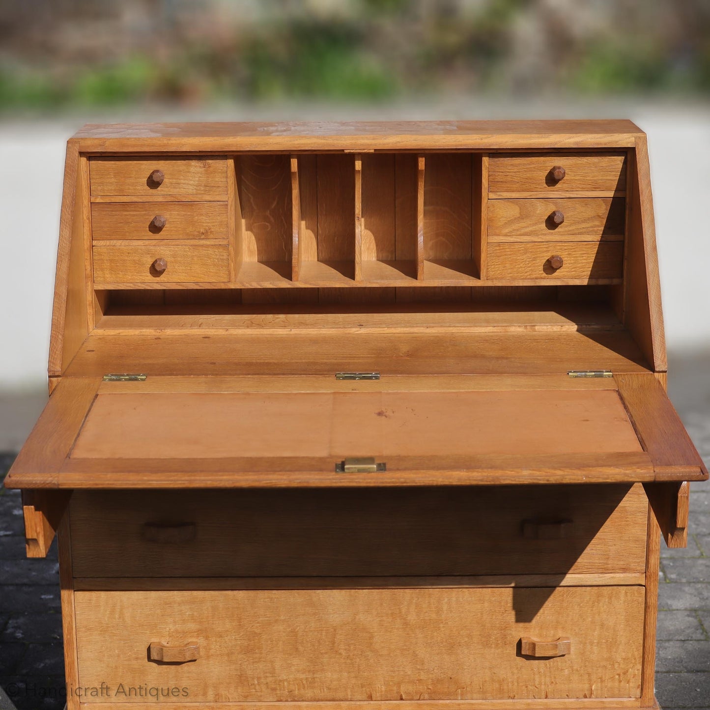 Derek 'Lizardman' Slater Arts & Crafts Yorkshire School English Oak Bureau c. 1970.