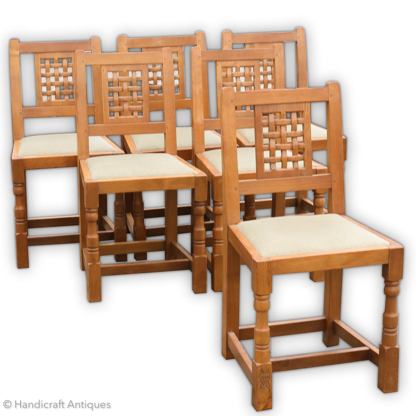 Set of 6 Cat & Mouseman Arts & Crafts Yorkshire School Oak Chairs