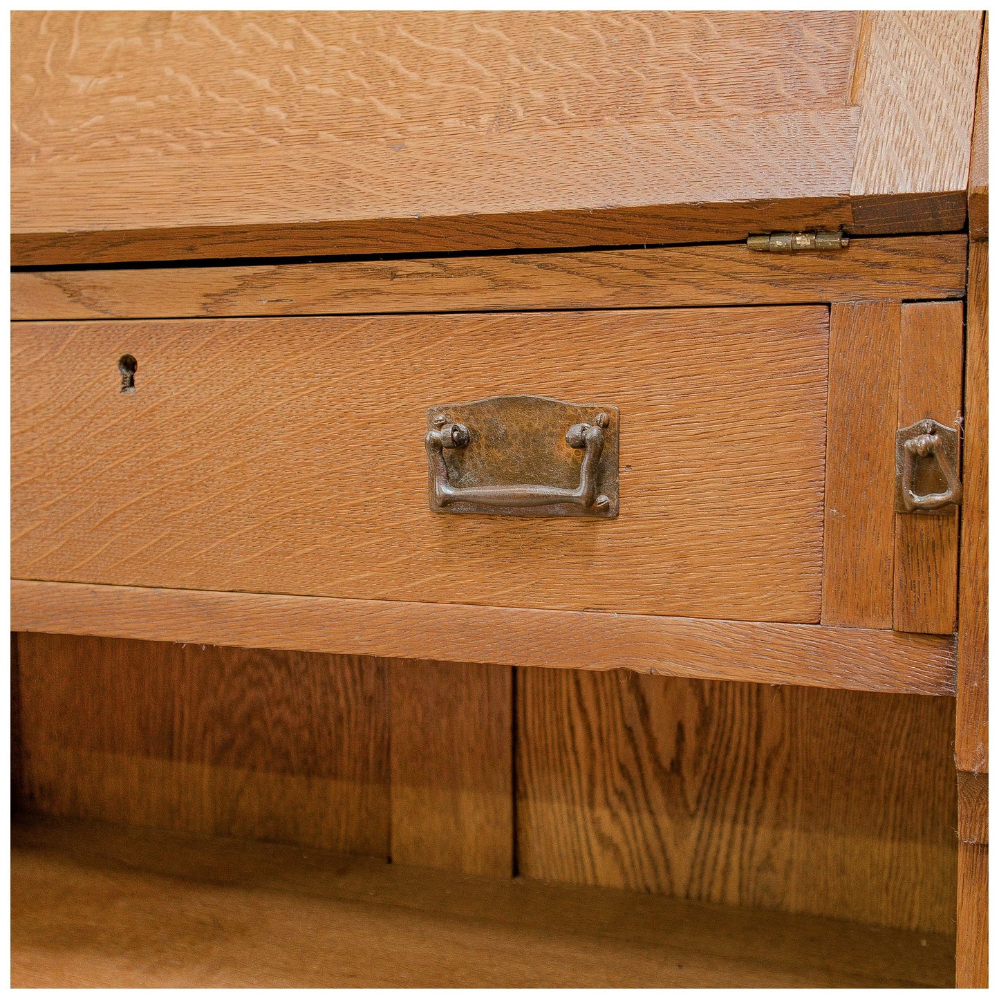 Liberty & Co Arts & Crafts English Oak 'Chaucer' Bureau c 1910 with heart motifs