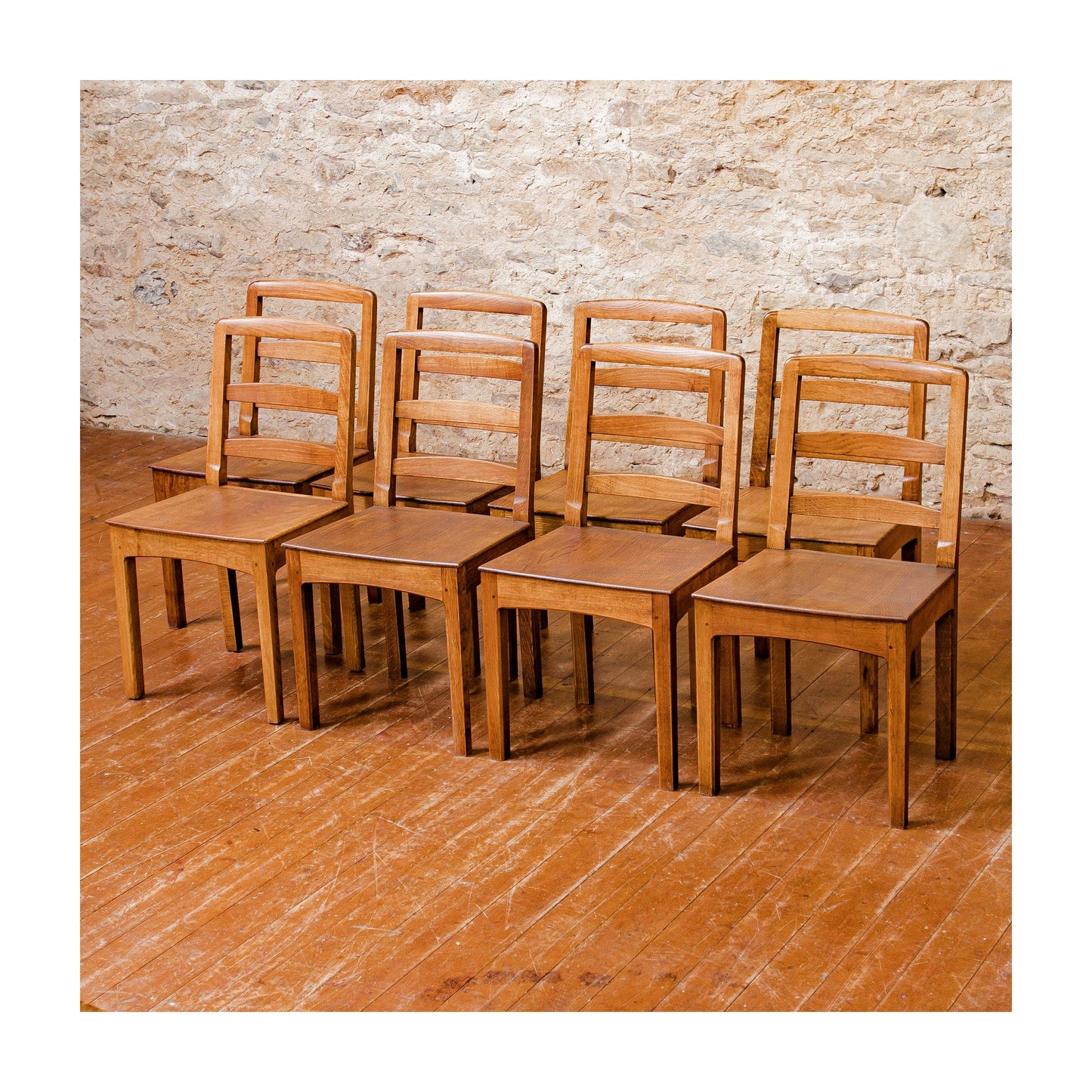 Set of 8 Peter Hall Arts & Crafts Lakes School English Oak Arched Rail Chairs.