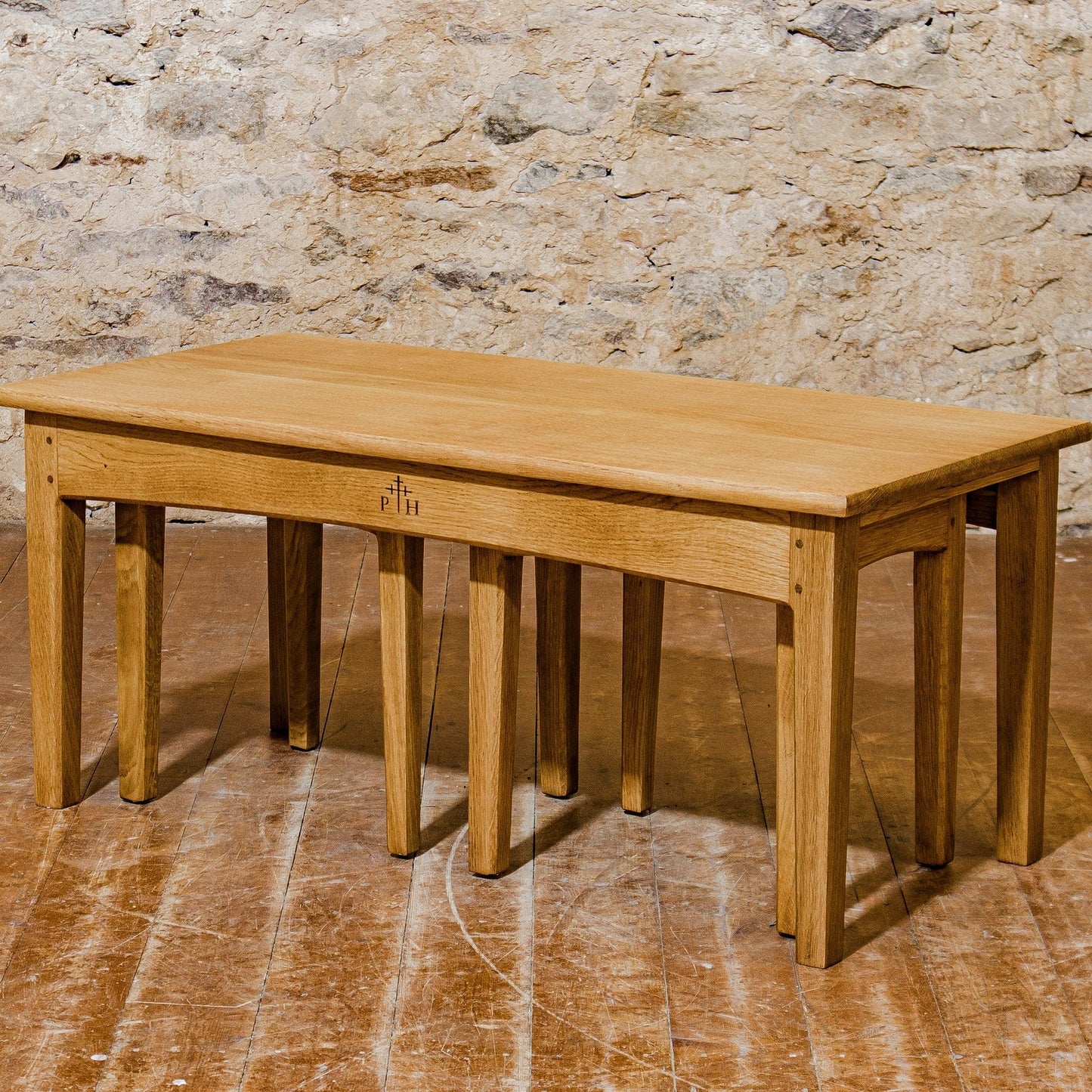 Peter Hall Arts & Crafts Lakes School English Oak Arched Rail Nest of 3 tables