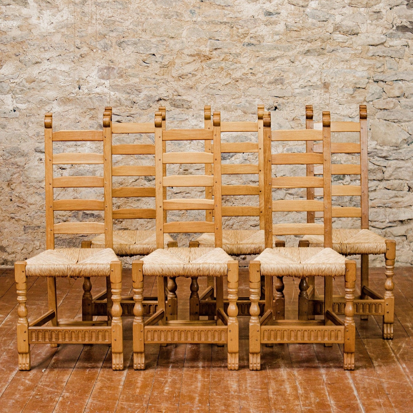 Set of 6 Rupert Griffiths Arts & Crafts Gothic School English Oak Dining Chairs