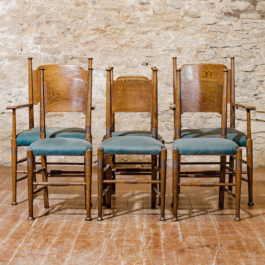 William Birch Set of 6 Arts & Crafts Cotswold School English Oak Chairs
