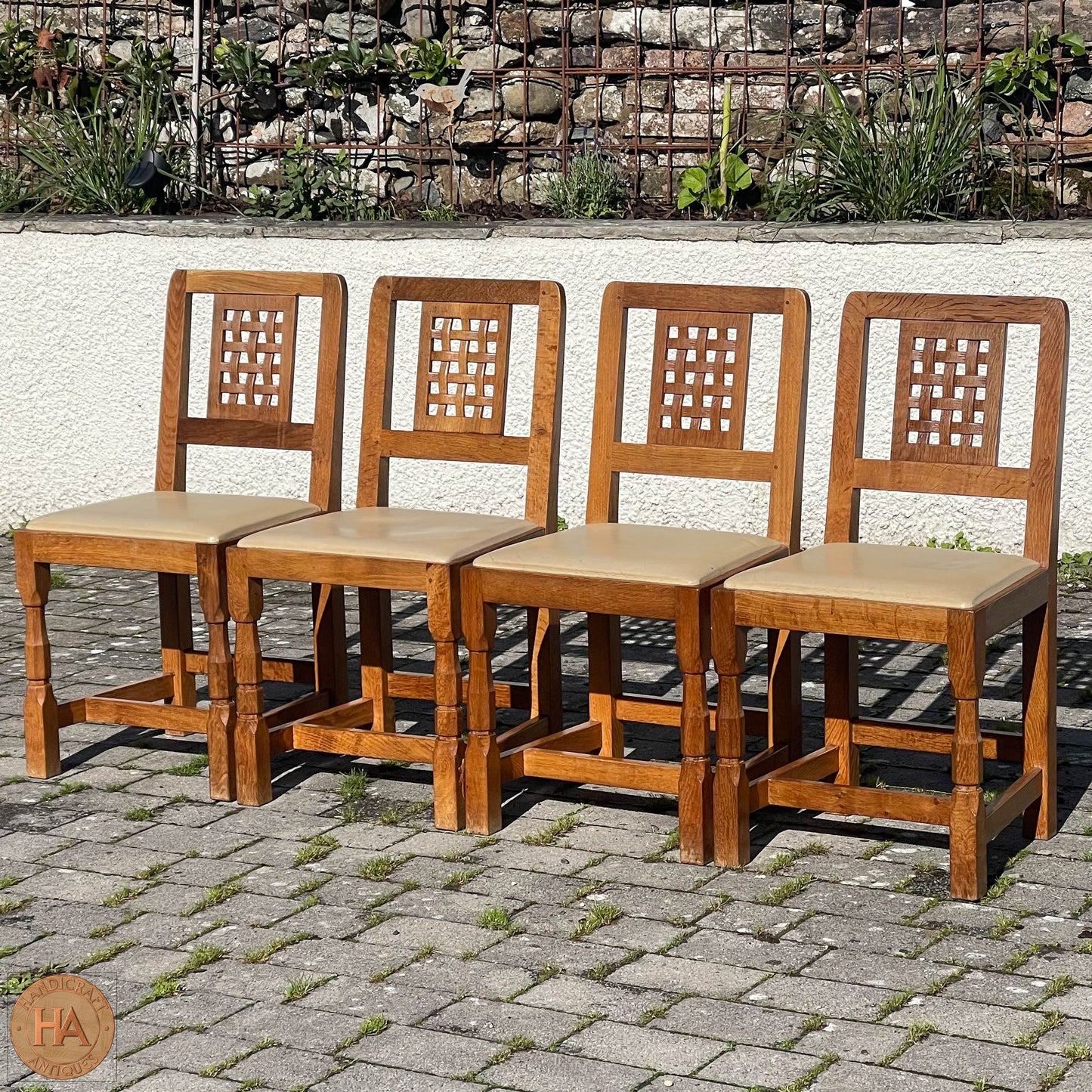 Set of 4 Derek ‘Lizardman’ Slater Arts & Crafts Yorkshire School Lattice Back English Oak Chairs