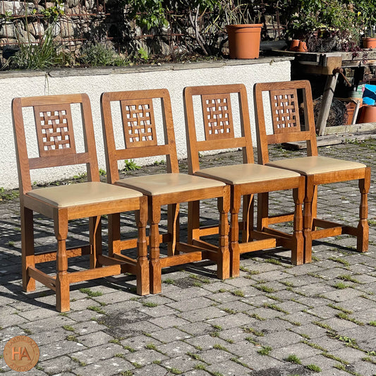 Set of 4 Derek ‘Lizardman’ Slater Arts & Crafts Yorkshire School Lattice Back English Oak Chairs