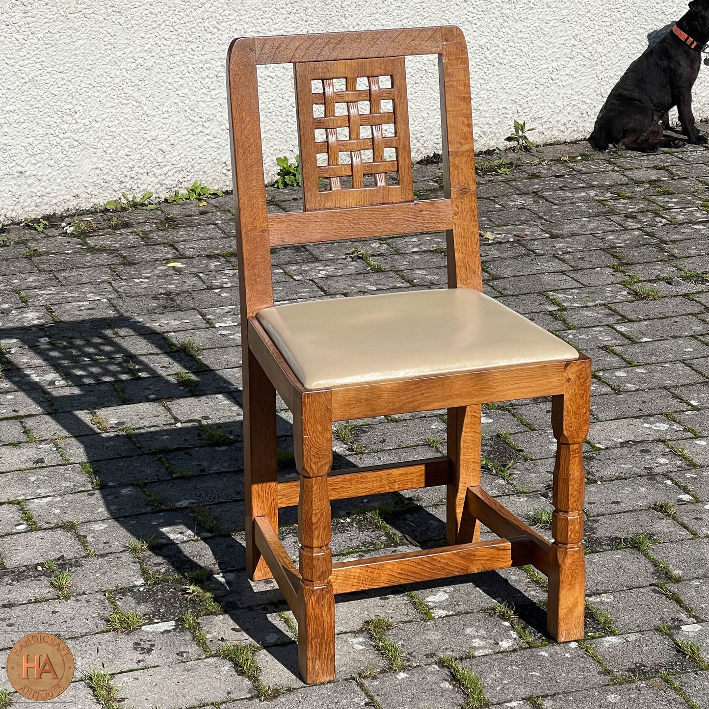 Set of 4 Derek ‘Lizardman’ Slater Arts & Crafts Yorkshire School Lattice Back English Oak Chairs