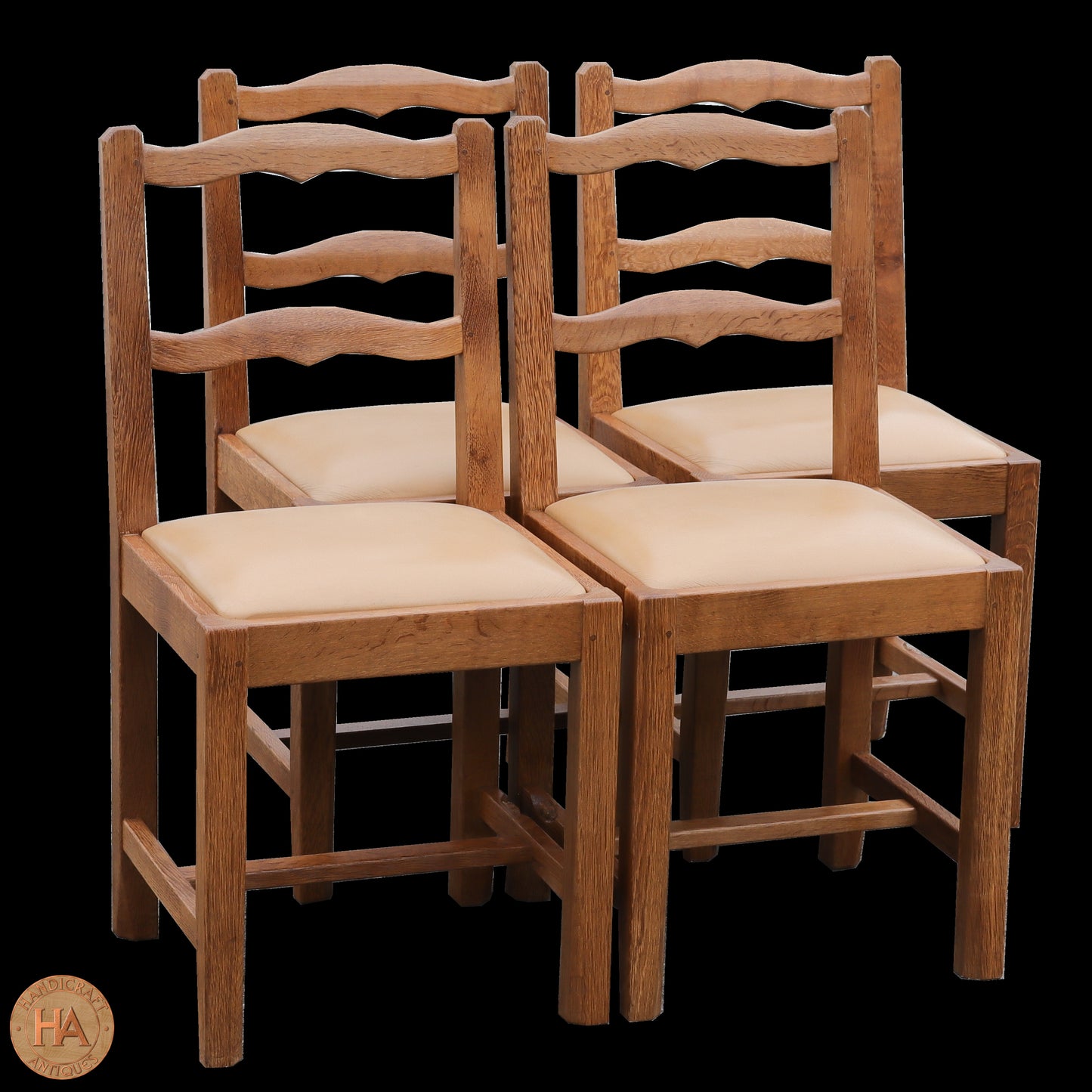 Set of 4 'Beaverman' (Ex-Mouseman) Arts & Crafts Yorkshire School English Oak Chairs