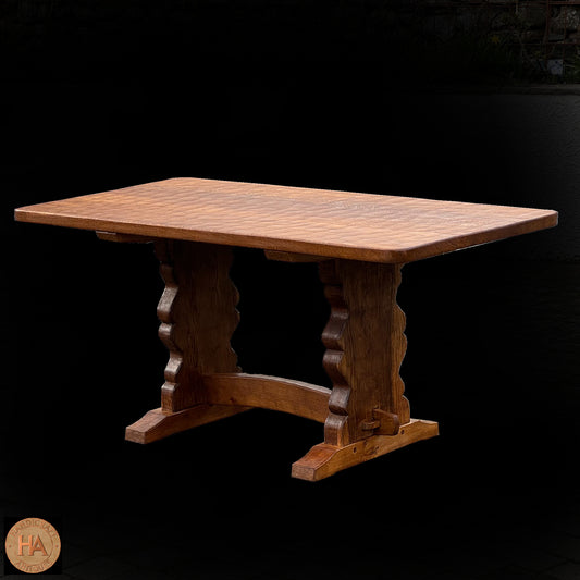 Sid Pollard [ex-Mouseman] Arts & Crafts Yorkshire School English Oak Dining Table c. 1970.