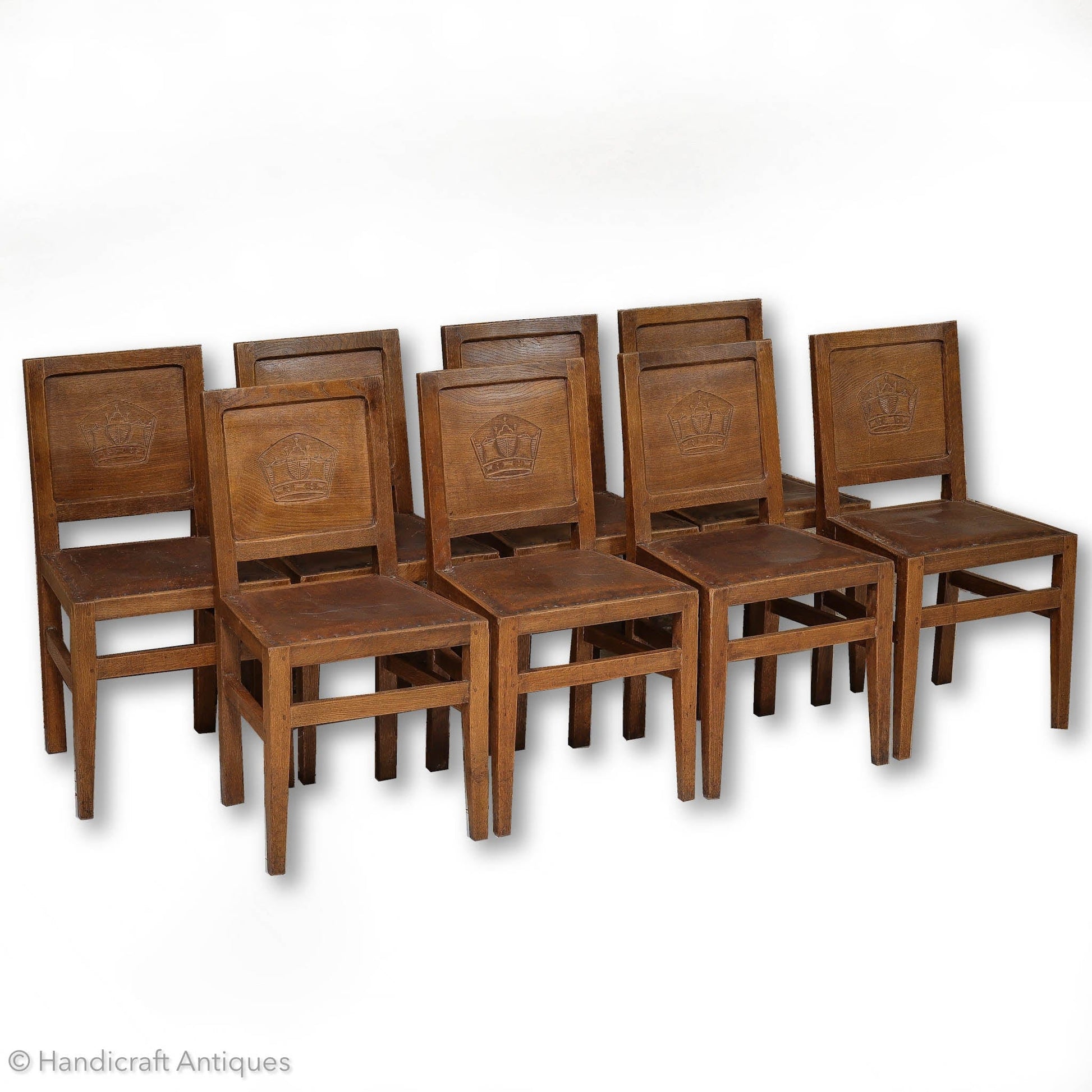 Set of 8 Squirrelman Arts & Crafts Yorkshire School English Oak Chairs c. 1960