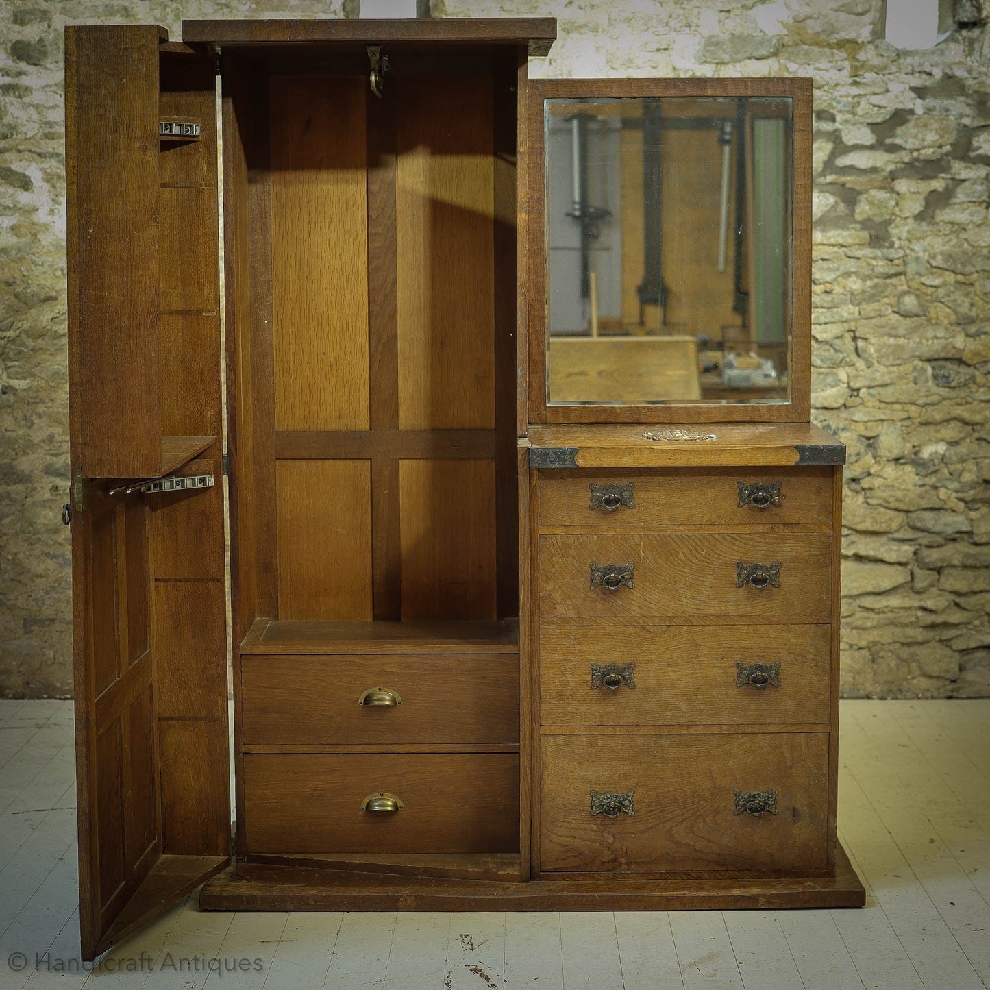 Arts & Crafts Yorkshire School English Oak Wardrobe C. 1920 - Mouseman interest