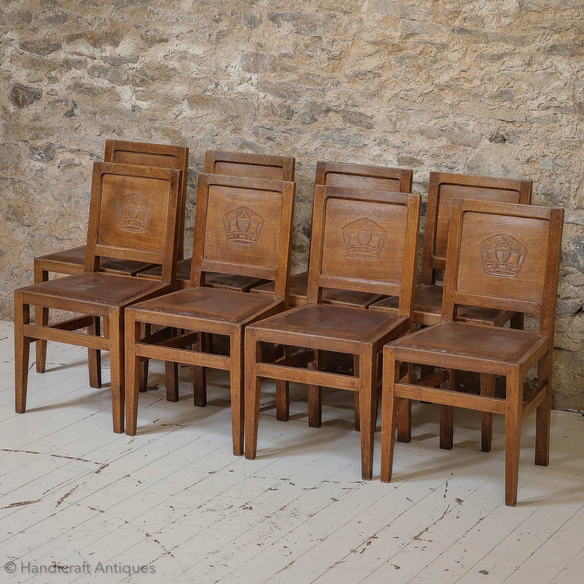 Set of 8 Squirrelman Arts & Crafts Yorkshire School English Oak Chairs c. 1960