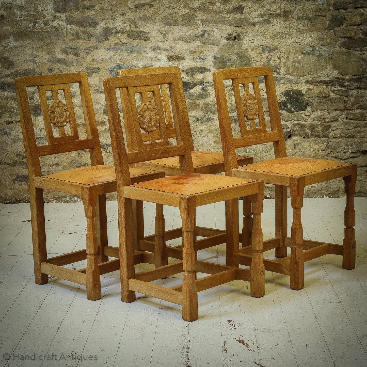 Set of 4 Horace 'Knightman' Knight Arts & Crafts Yorkshire School Oak Chairs