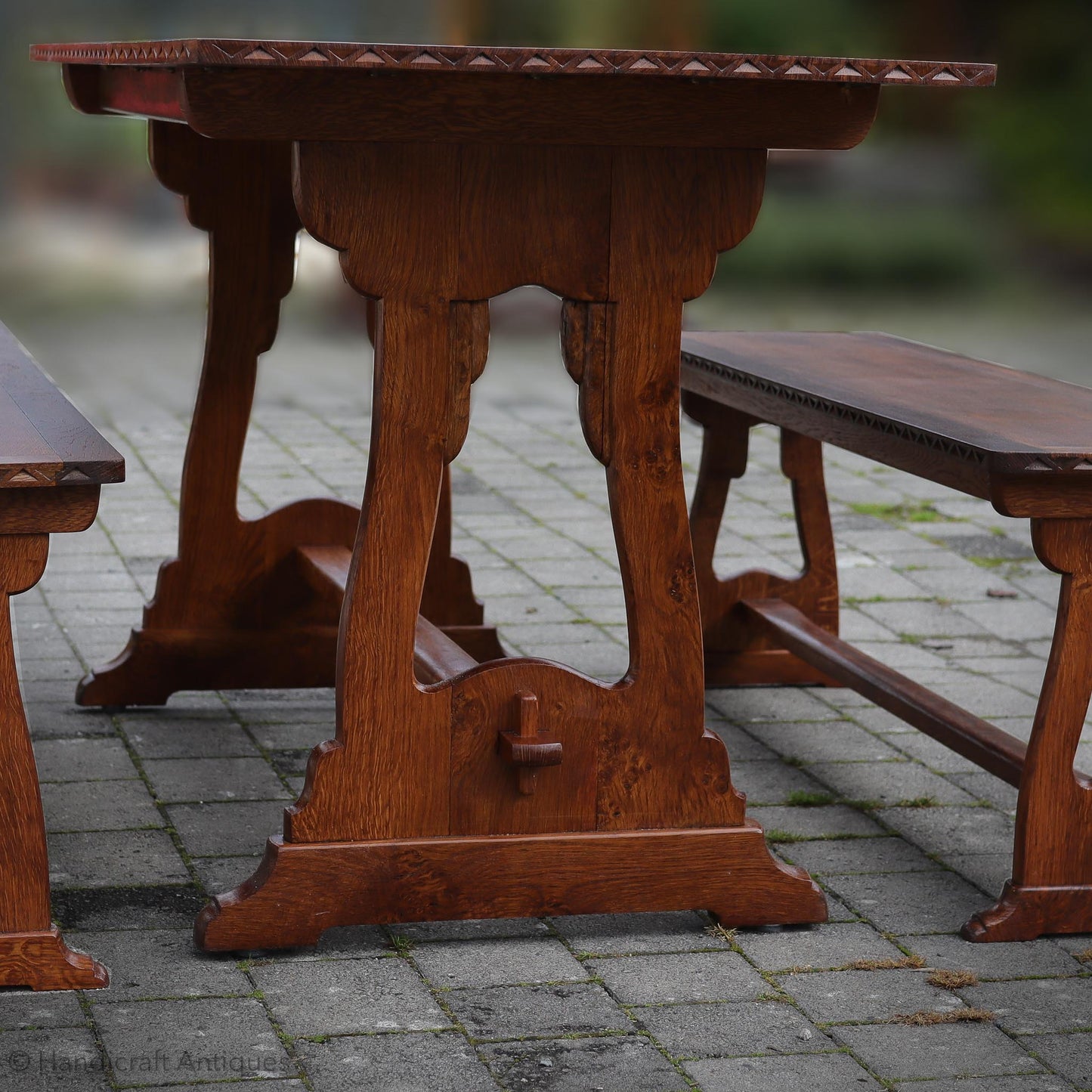  Arts & Crafts Cotswold School English Oak Dining Table and Benches