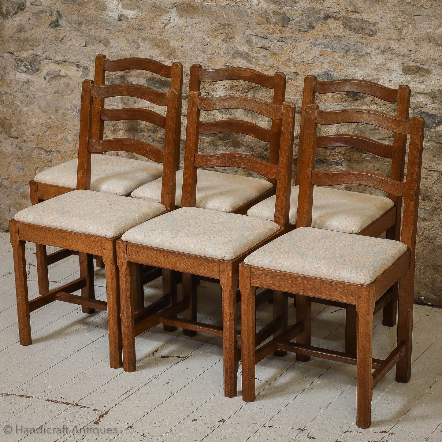 Set of 6 'Acornman' (Ex-Mouseman) Arts & Crafts Yorkshire School Oak Chairs