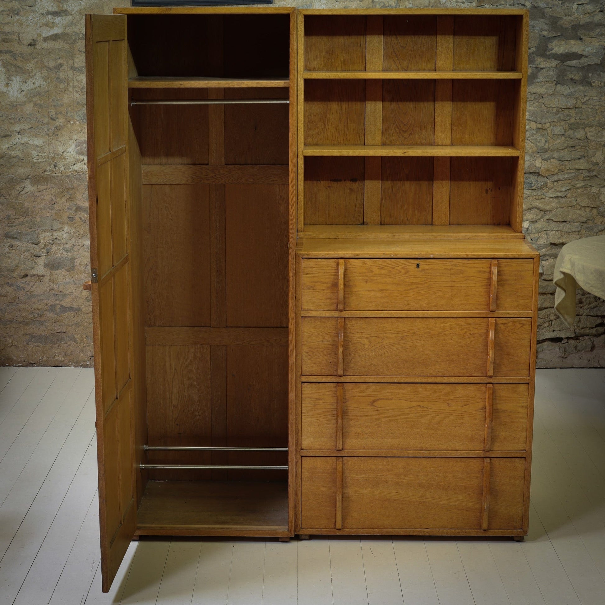 Peter Waals Arts & Crafts Cotswold School English Oak Wardrobe c.1935