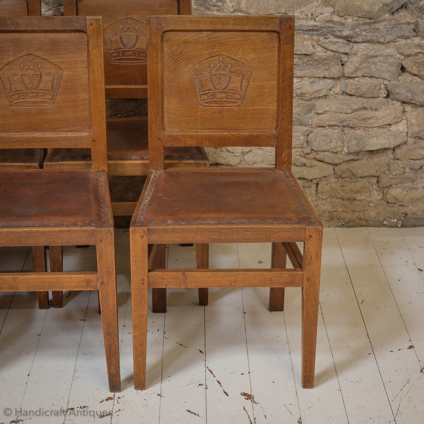 Set of 8 Squirrelman Arts & Crafts Yorkshire School English Oak Chairs c. 1960