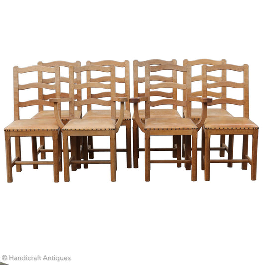 Set of 8 Acornman (Ex-Mouseman) Arts & Crafts Yorkshire School English Oak Chairs 