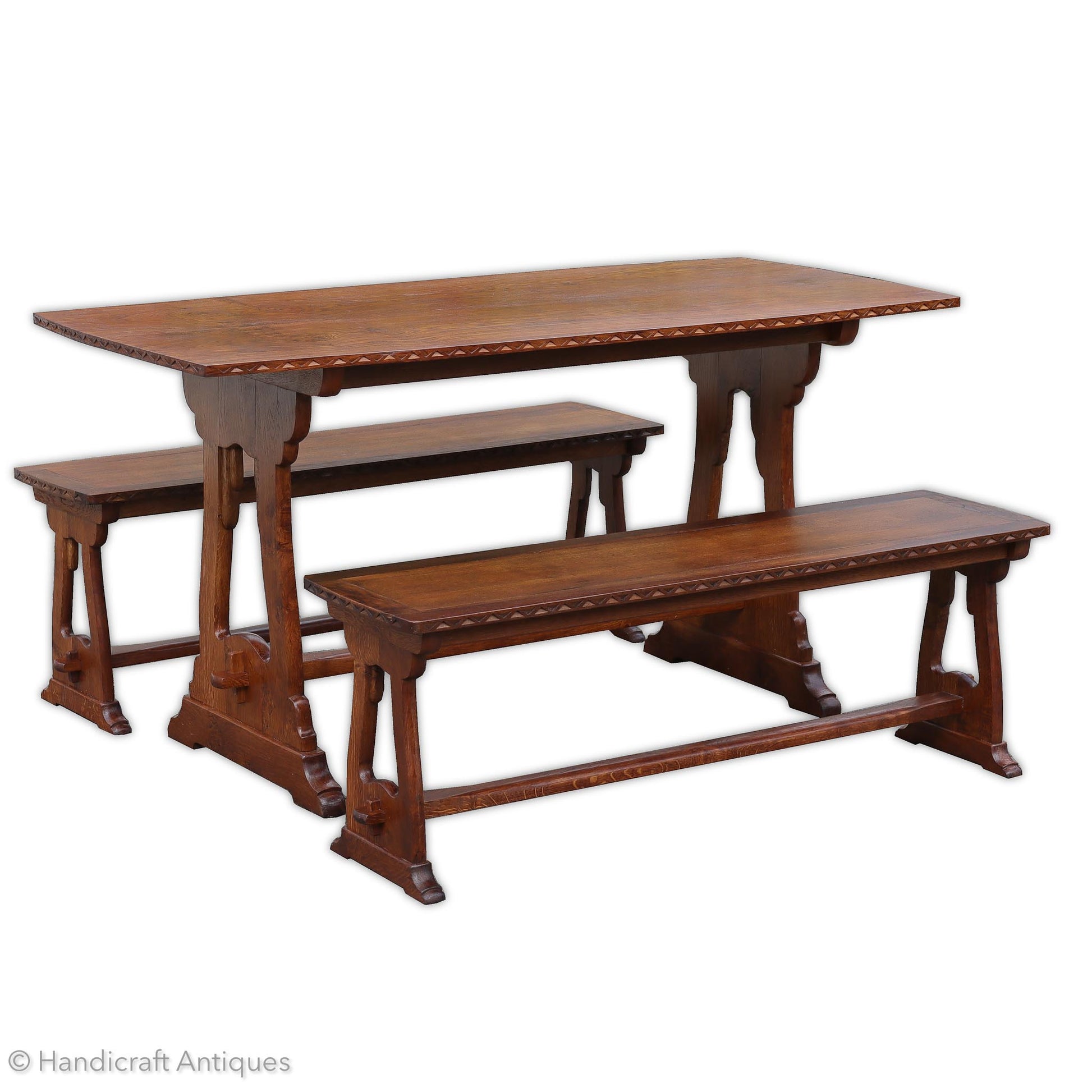  Arts & Crafts Cotswold School English Oak Dining Table and Benches