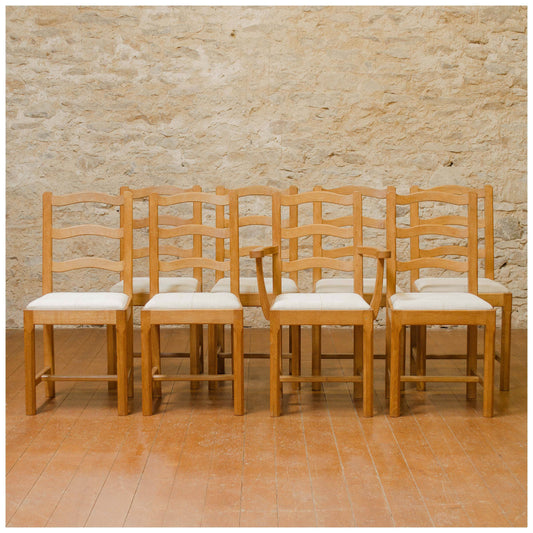 Acornman (Ex-Mouseman) Arts & Crafts Yorkshire School English Oak Chairs 1960