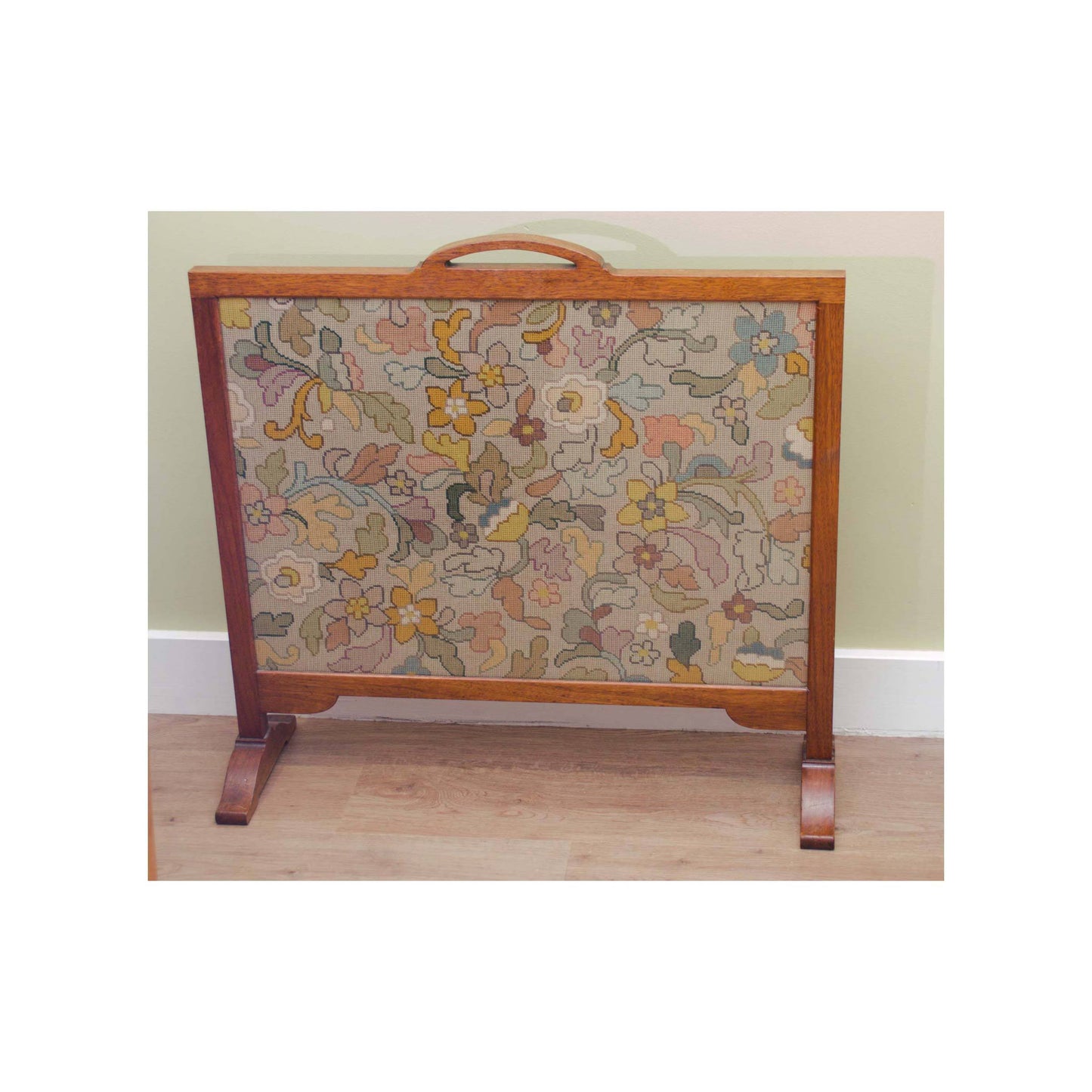 Arthur W Simpson (The Handicrafts, Kendal) Arts and Crafts Oak Fire Screen with Glazed Woolwork Panel