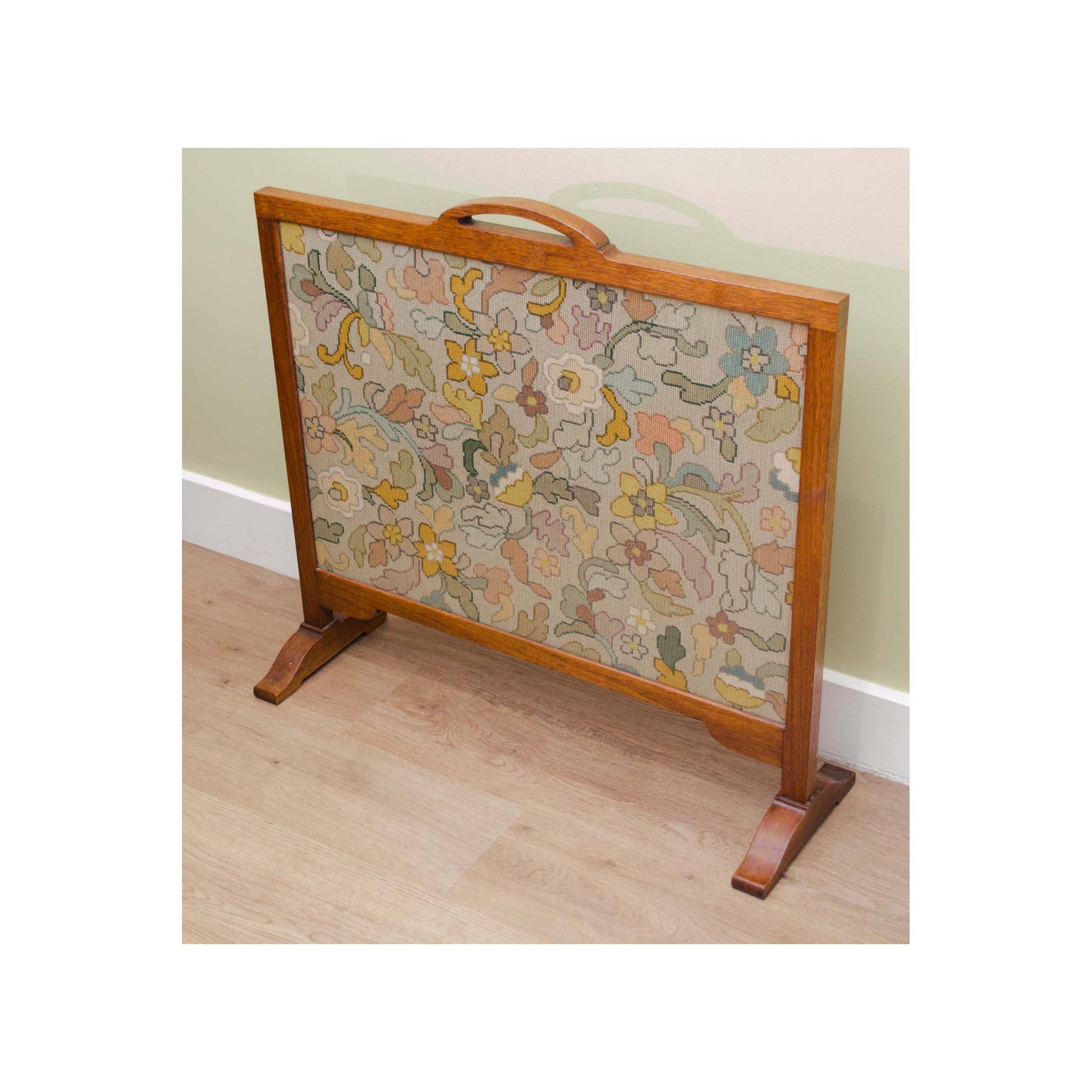 Arthur W Simpson (The Handicrafts, Kendal) Arts and Crafts Oak Fire Screen with Glazed Woolwork Panel