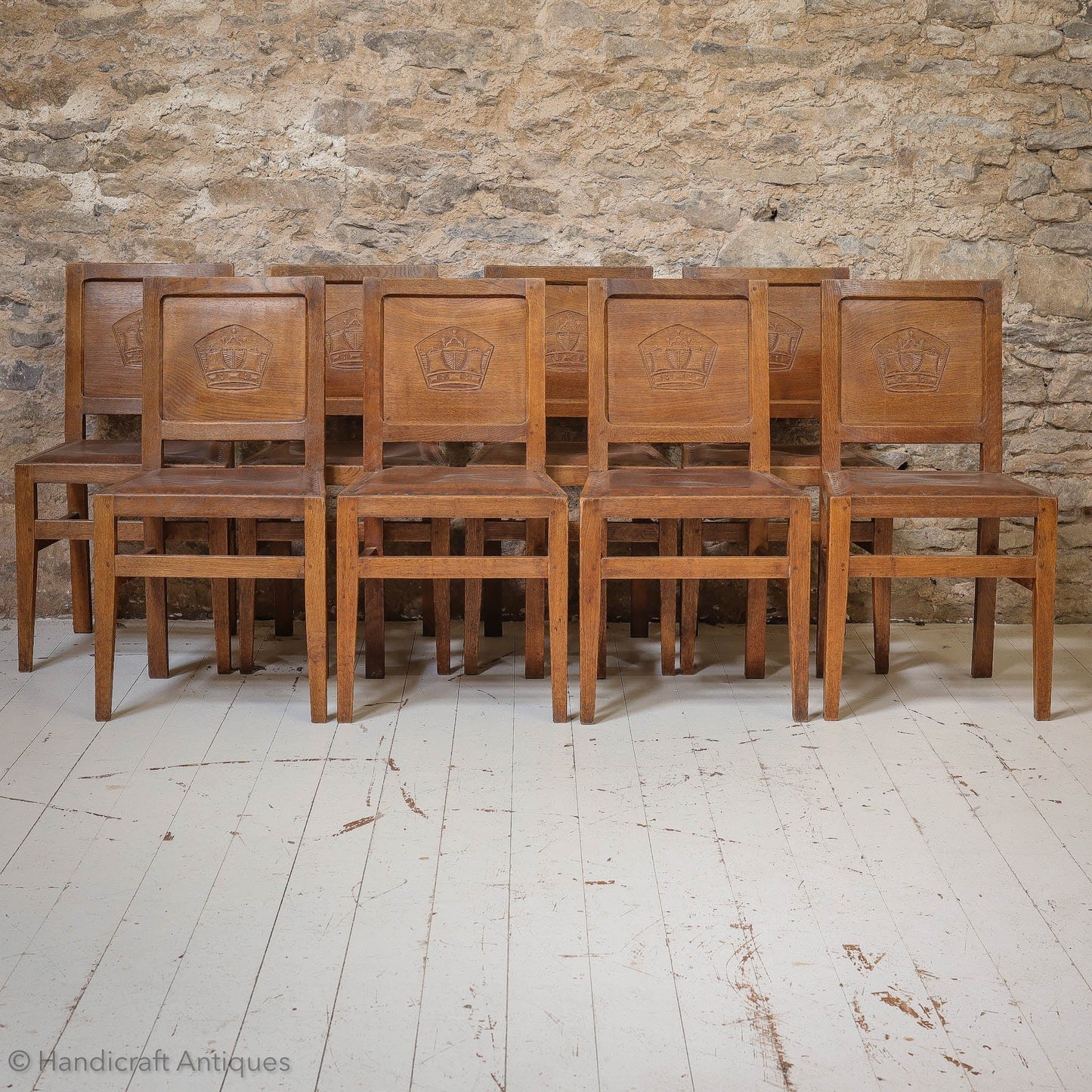 Set of 8 Squirrelman Arts & Crafts Yorkshire School English Oak Chairs c. 1960