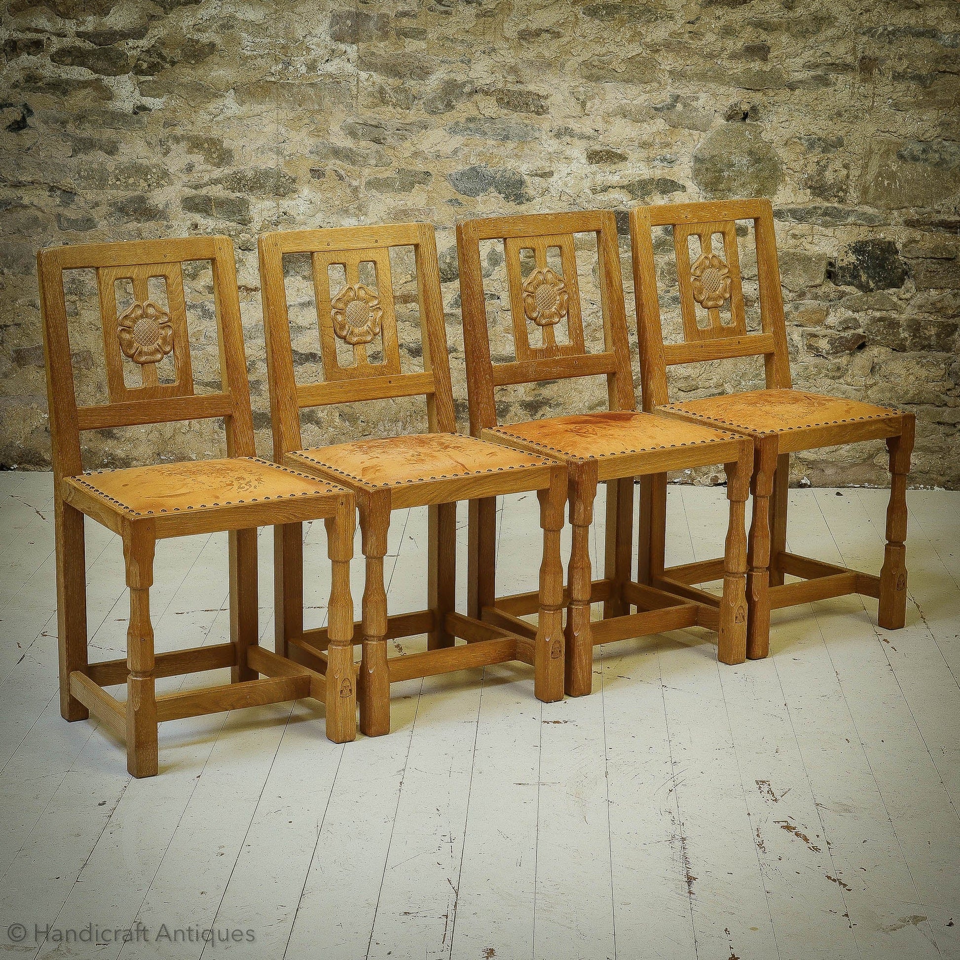 Set of 4 Horace 'Knightman' Knight Arts & Crafts Yorkshire School Oak Chairs