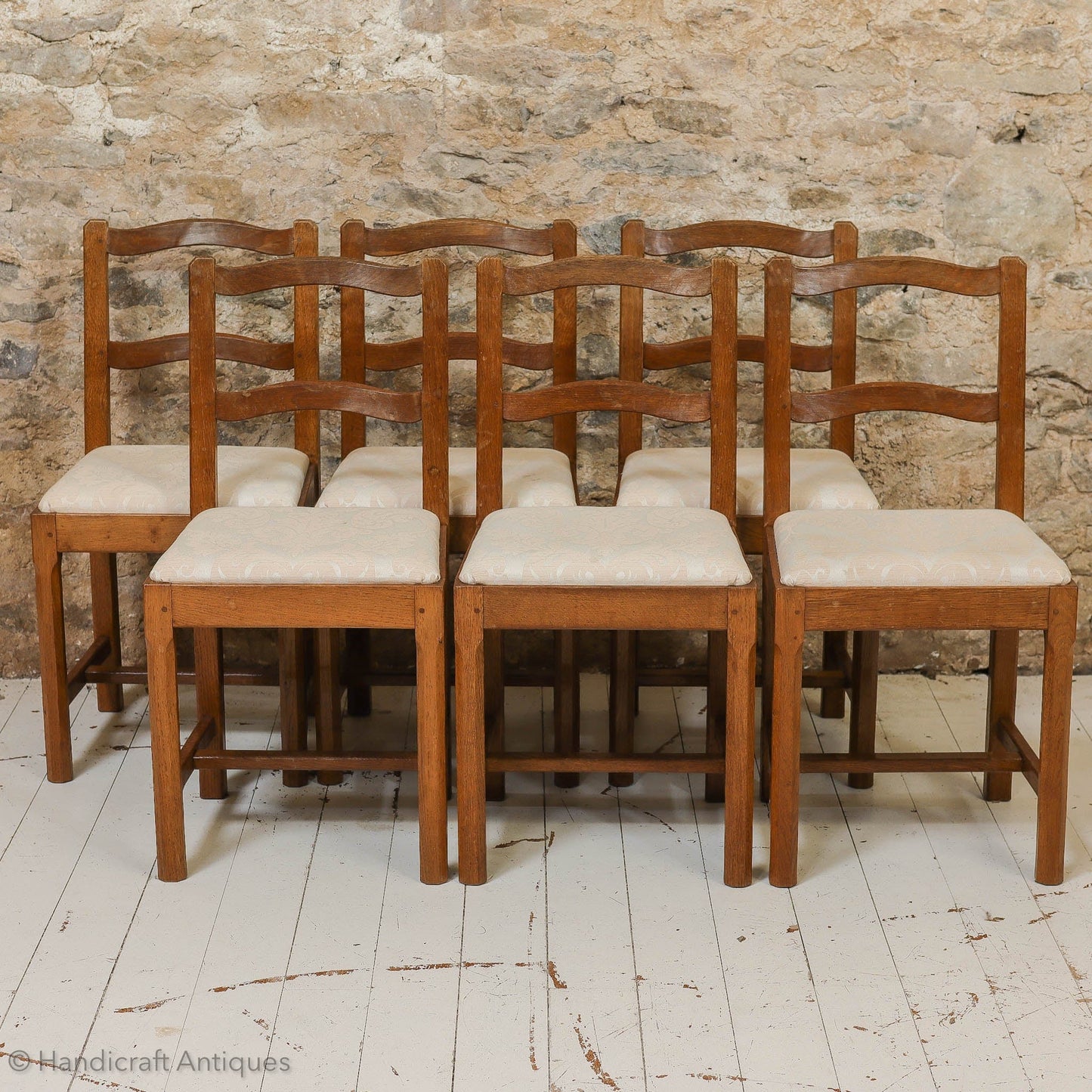 Set of 6 'Acornman' (Ex-Mouseman) Arts & Crafts Yorkshire School Oak Chairs